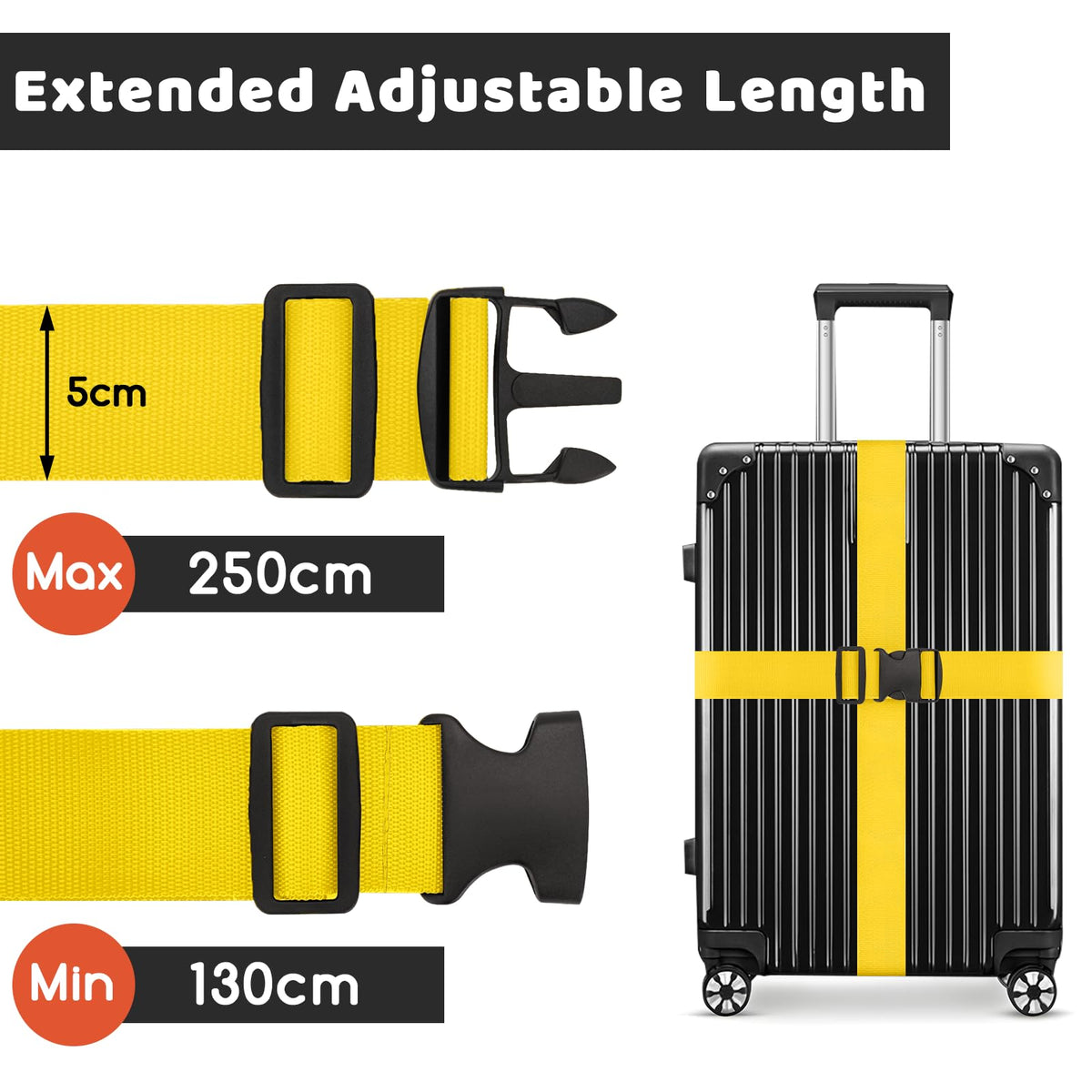 WISYOK Luggage Straps Extended, 4 Pack, 130-250cm Adjustable, Blue Orange