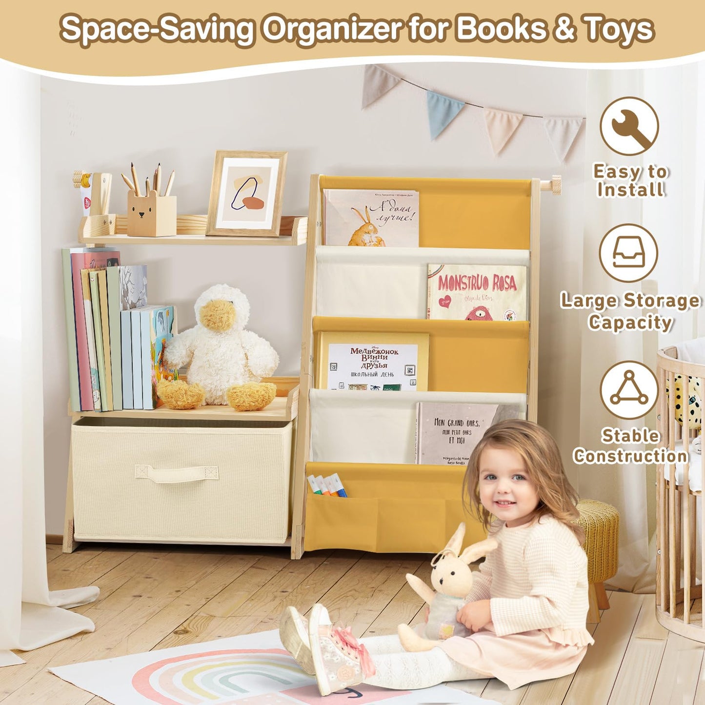 Kids Bookshelf and Toy Storage, Montessori Wooden Children Bookcase and Toy Organizer, 4-tier Toddler Sling Book Shelf with a Large Storage Box for Nursery, Bedroom, Playroom (Terrazzo)