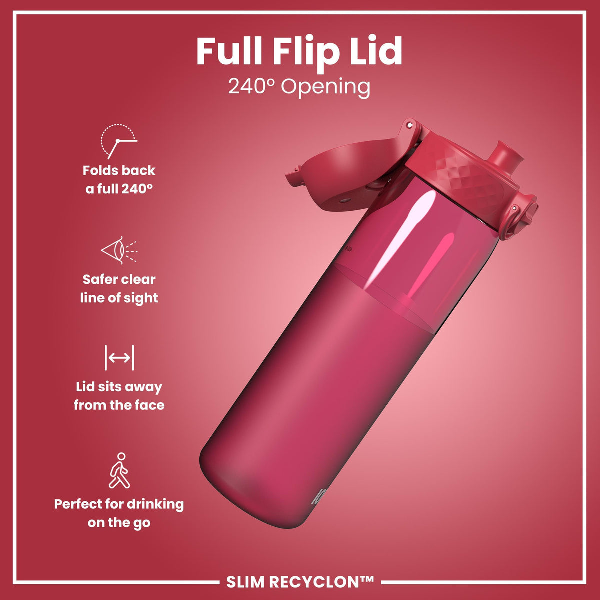 Ion8 Water Bottle, 500 ml/18 oz, Leak Proof, Easy to Open, Secure Lock, Dishwasher Safe, Hygienic Flip Cover, Carry Handle, Fits Cup Holders, Easy Clean, Hot Pink