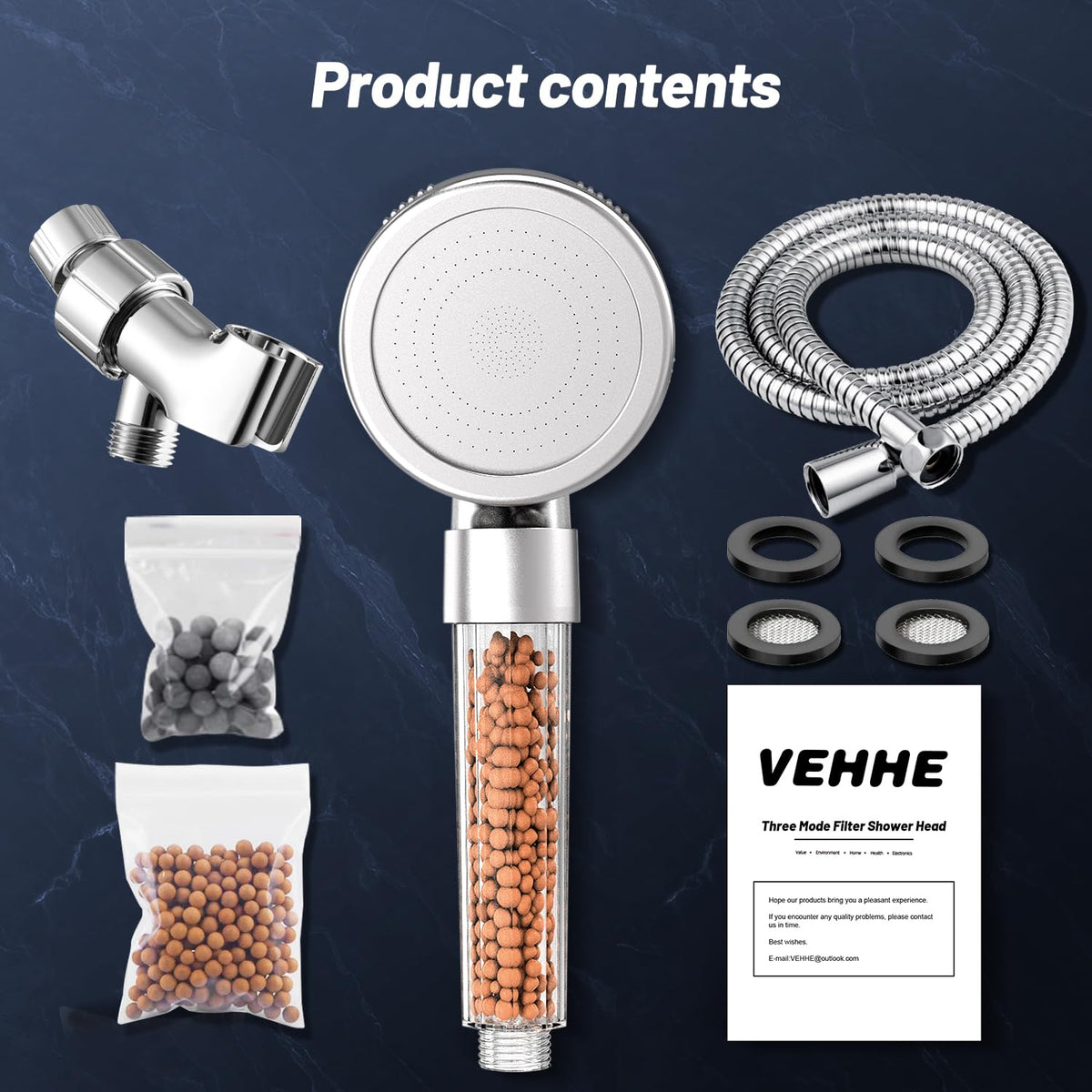 VEHHE High Pressure Shower Head with Filter Beads, 3 Spray Modes
