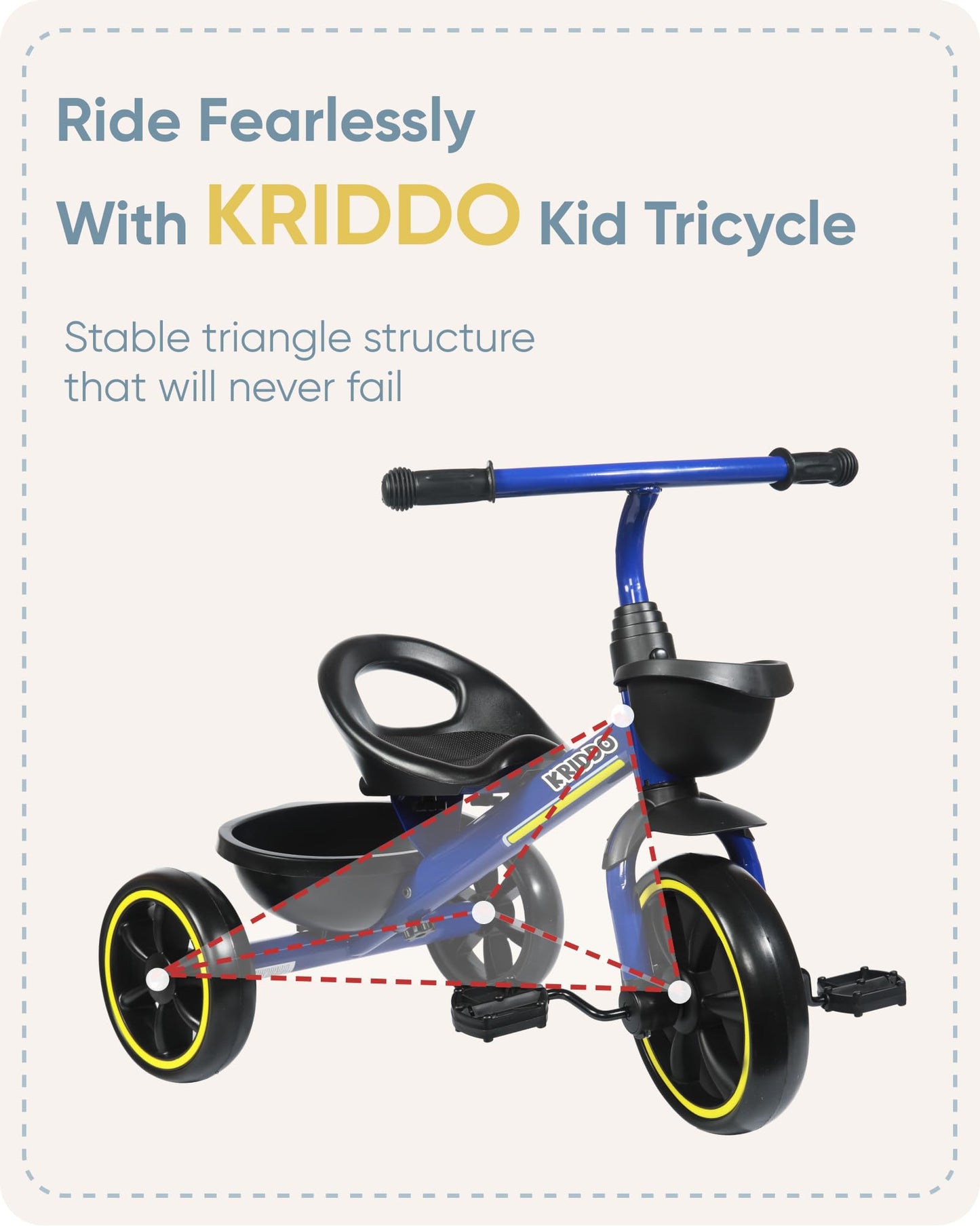 KRIDDO Toddler Tricycle — Anti-Tip Design, BPA-Free | Ages 18 Months to 4 Years | Pink