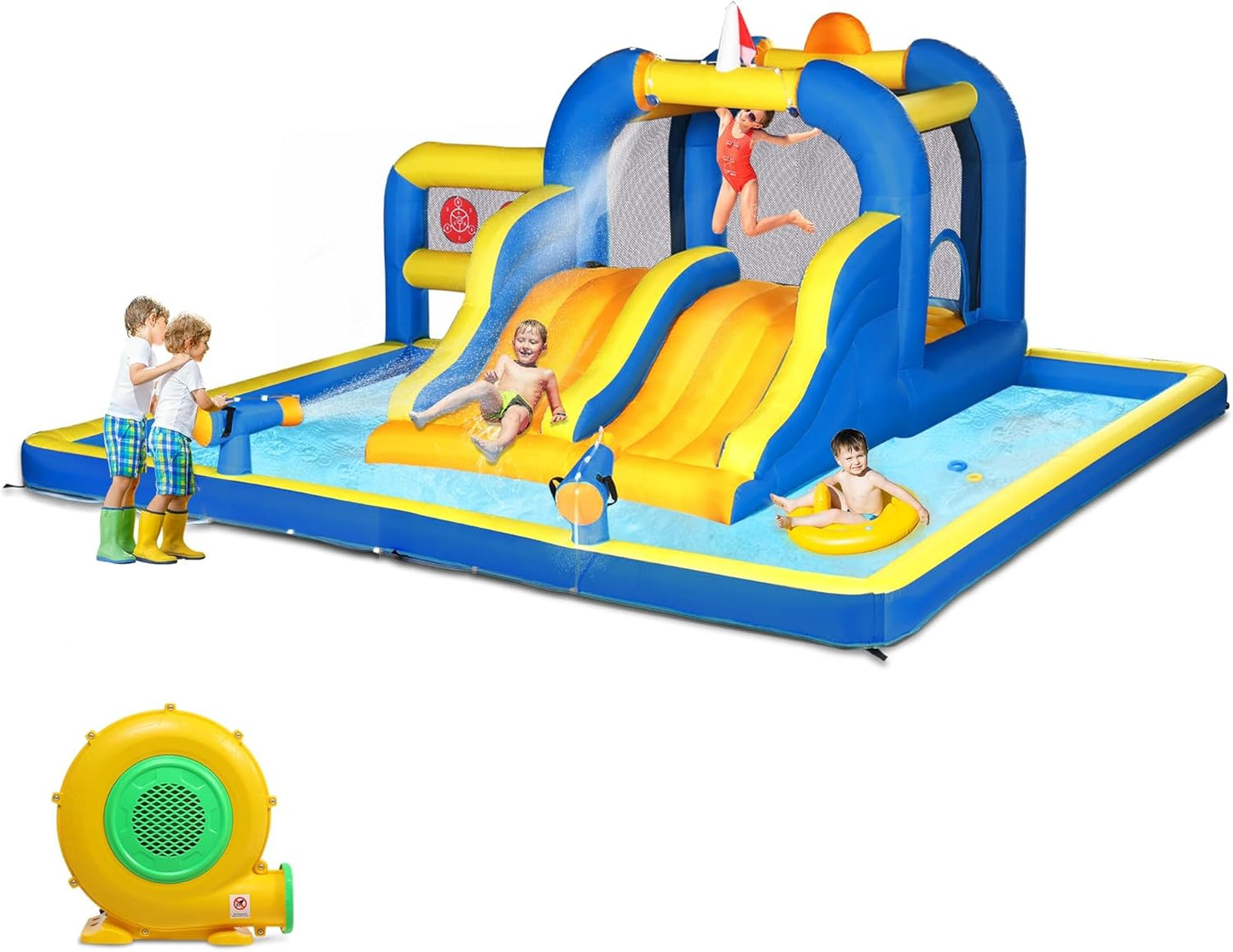 Karl home Outdoor Bouncy Castle with 450W Air Blower, Bounce House with Double Water Slide, Jumping Area, Splash Pool & Basketball Rim (470x472x225cm)