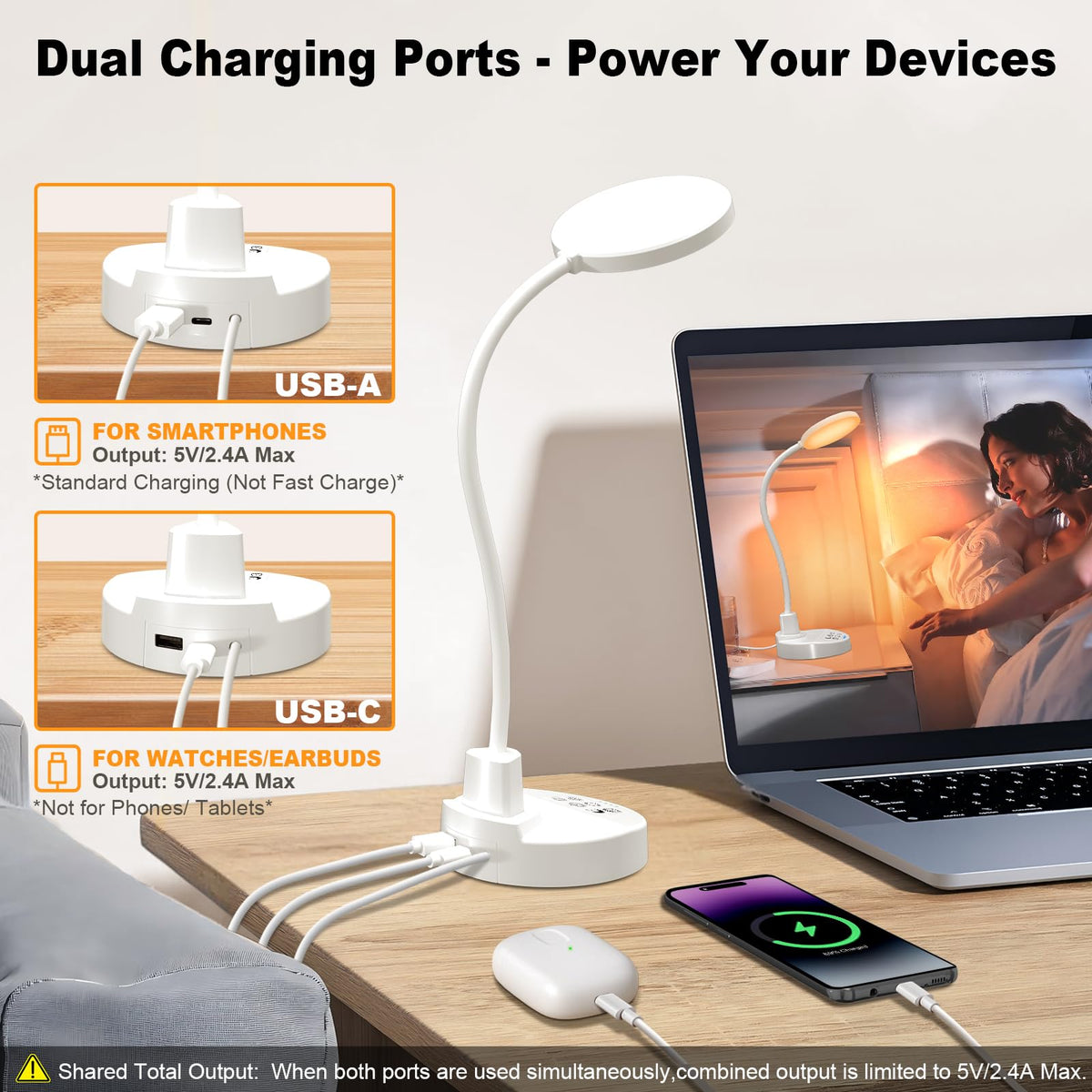 60 LED Desk Lamp with USB Charging Ports – Dimmable Table Lamp with 3 Color Temps, 5 Brightness, 4 Timers, 15W Flexible Gooseneck Light with Base, Eye-Caring Reading Light for Home Office, Bedroom