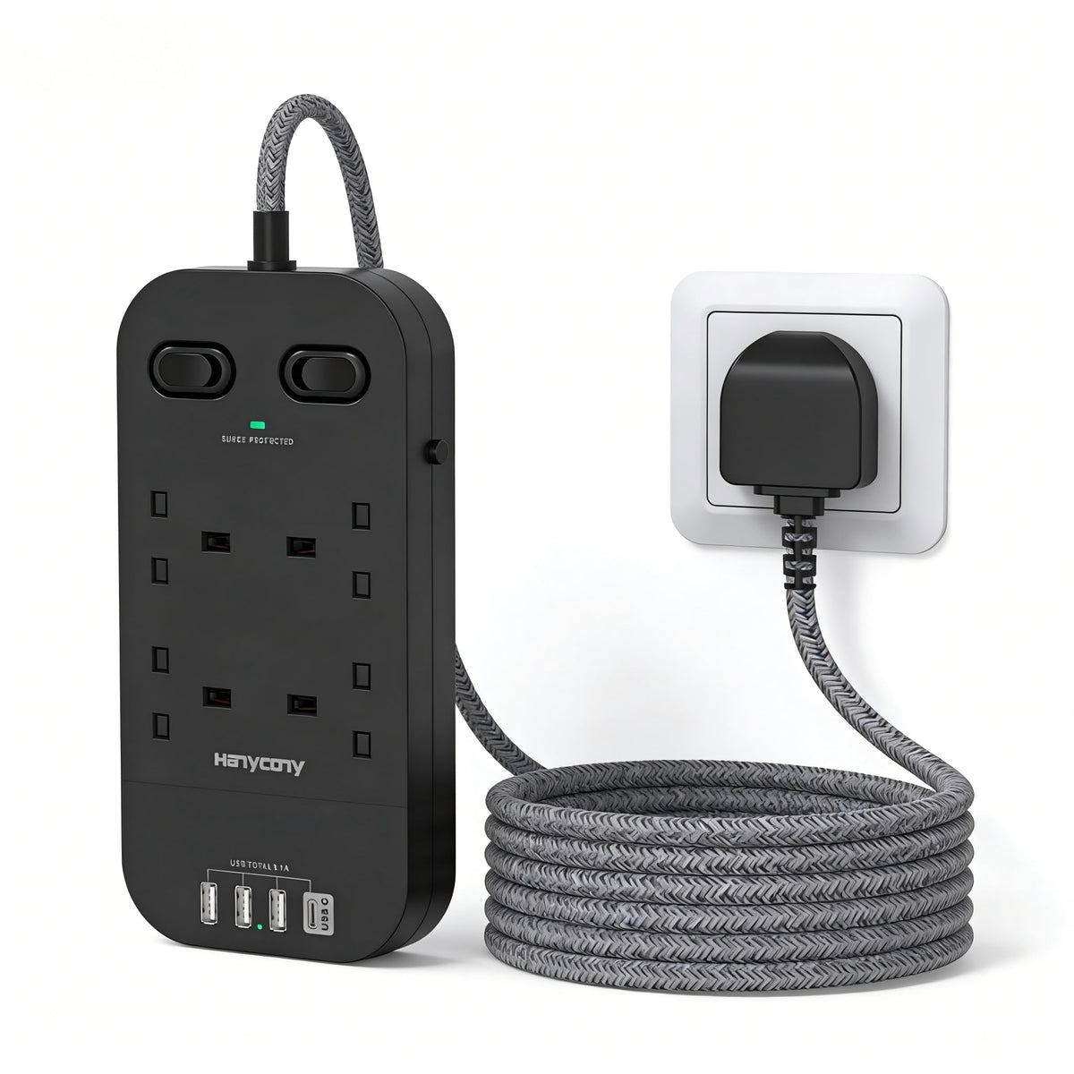 5M Extension Lead Surge Protected, 4 Way Outlets with 2 USB C & 2 USB A