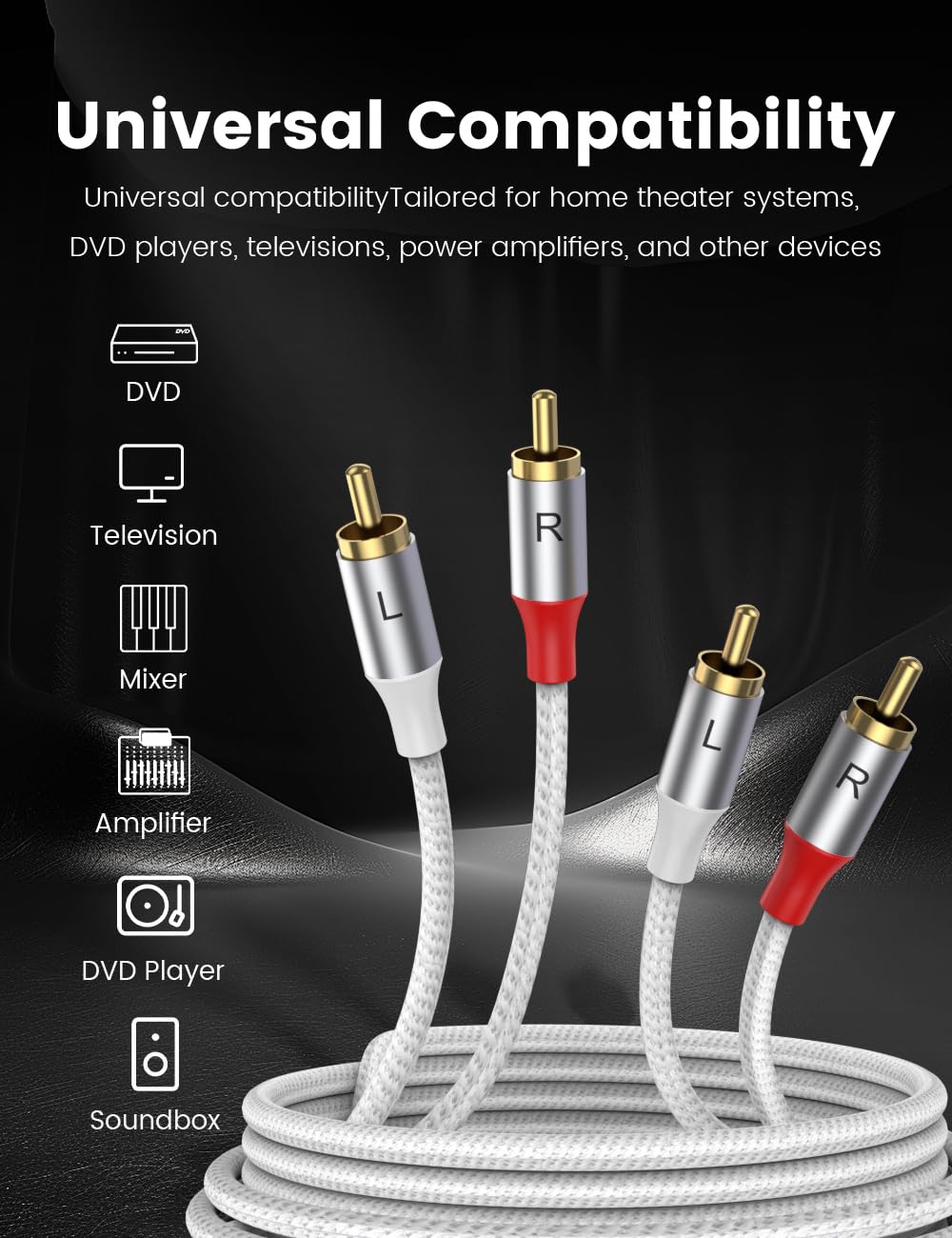 MOSWAG RCA Stereo Cable,2-Male to 2-Male RCA Audio Stereo Cable 10Ft/3M,rca Cord Auxiliary Audio Cord Nylon Braided for Home Theater, HDTV, Amplifiers, Hi-Fi Systems, Car Audio, Speakers