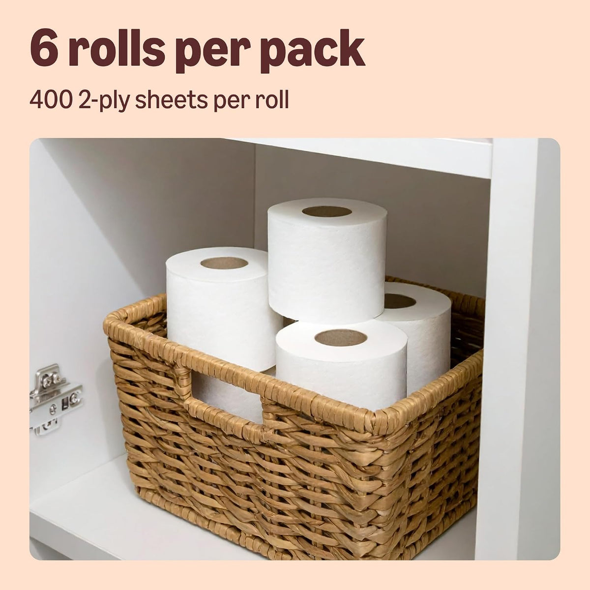 Our Essentials by Amazon Toilet Tissue Double Roll, 2-ply, 6 Rolls (1 Pack of 6), 400 Sheets per Roll