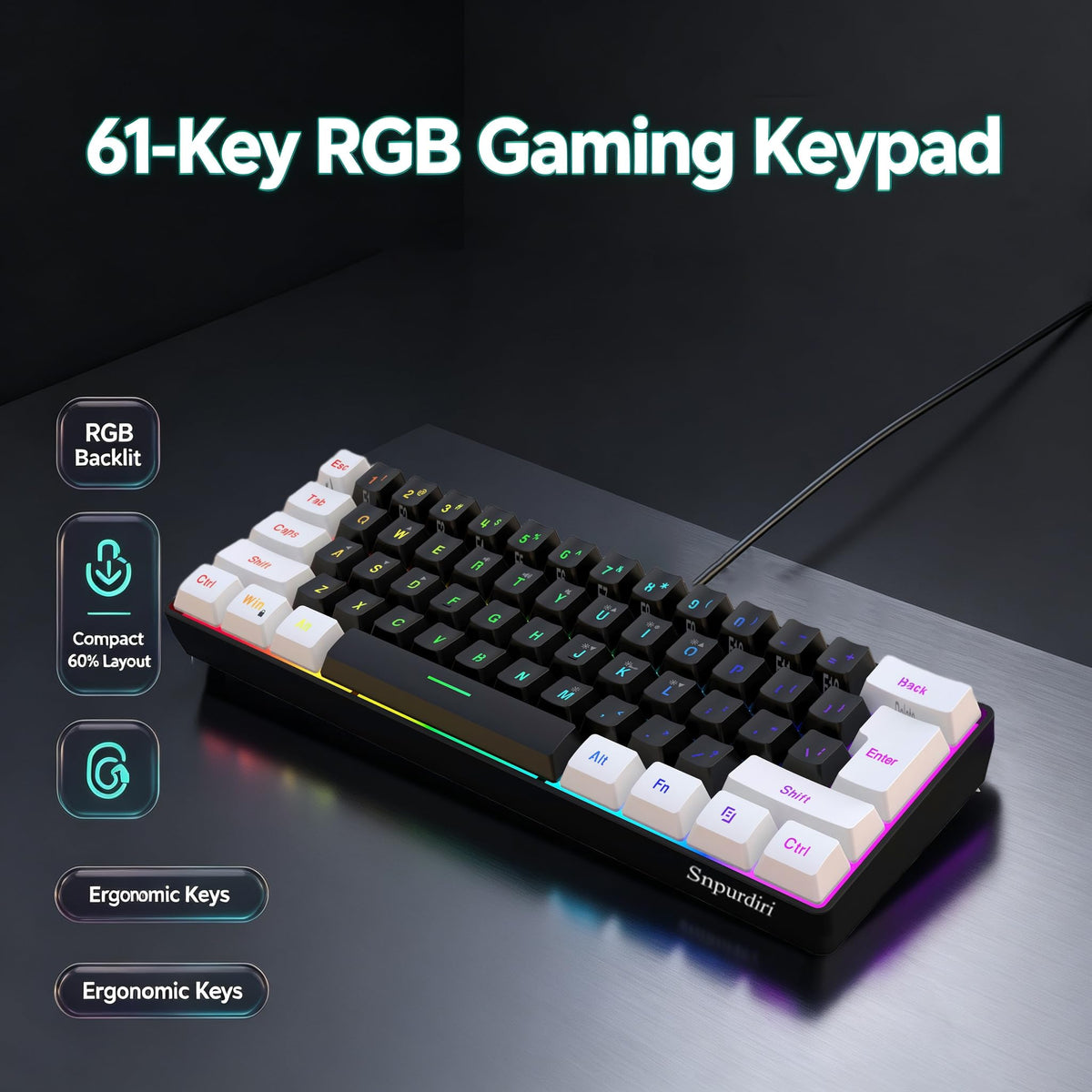 Snpurdiri Wired Mechanical Gaming Keyboard, 60% Size, LED Backlight, 61 Keys, Small Wired Office Keyboard for Windows Laptop/PC, Mac (Black-Red, Blue Switches)
