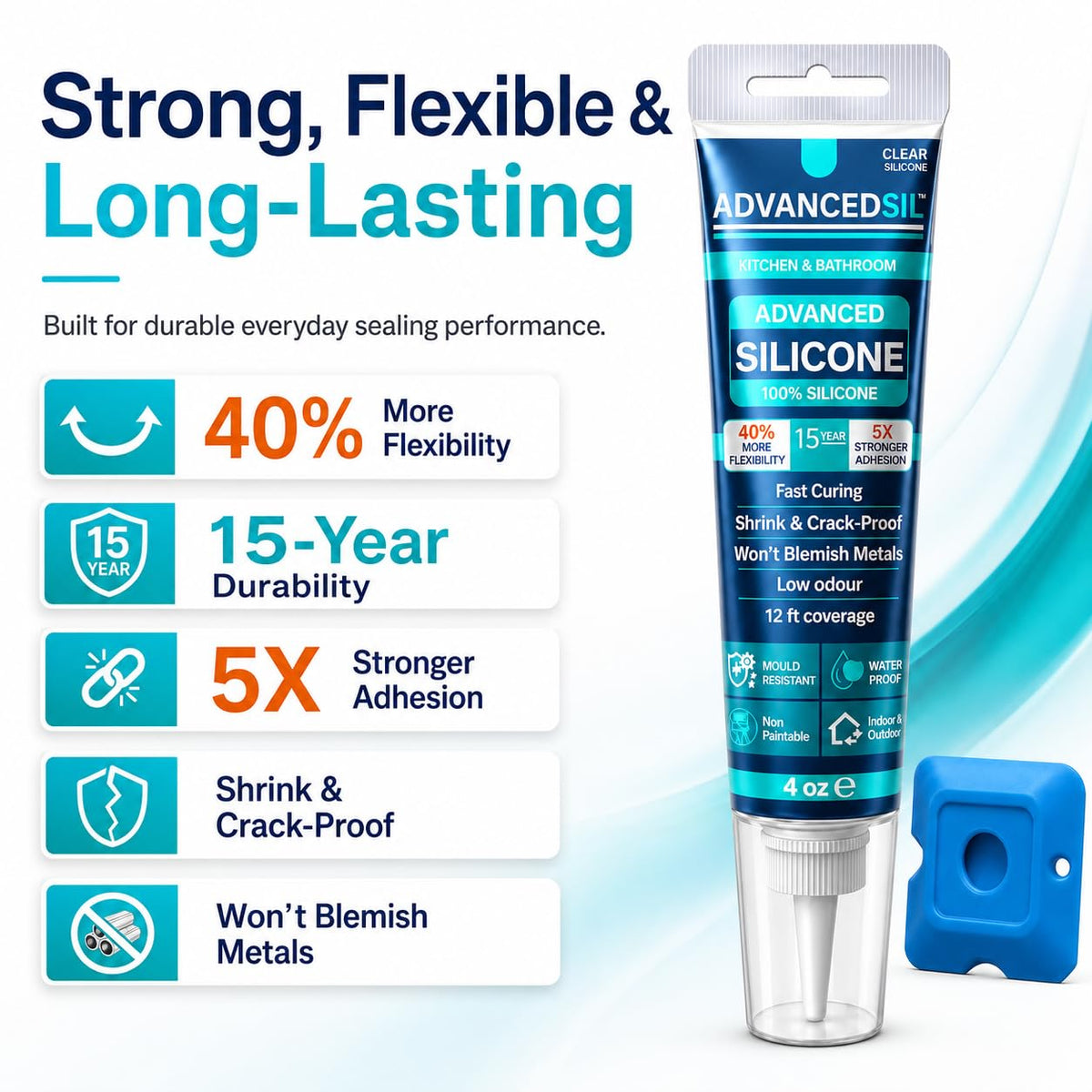Silicone Sealant – Clear Kitchen & Bathroom Silicone Sealant with Finishing Tool for a Professional Finish | Waterproof & Anti-Mould Protection - 120ml