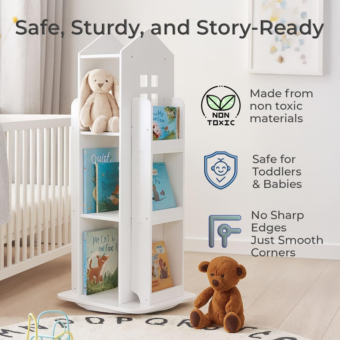 Neo House Shaped 360° Rotating Kids' Children's Freestanding Bookshelf Bookcase 10 Shelf Shelve Space‑Saving Design (White)