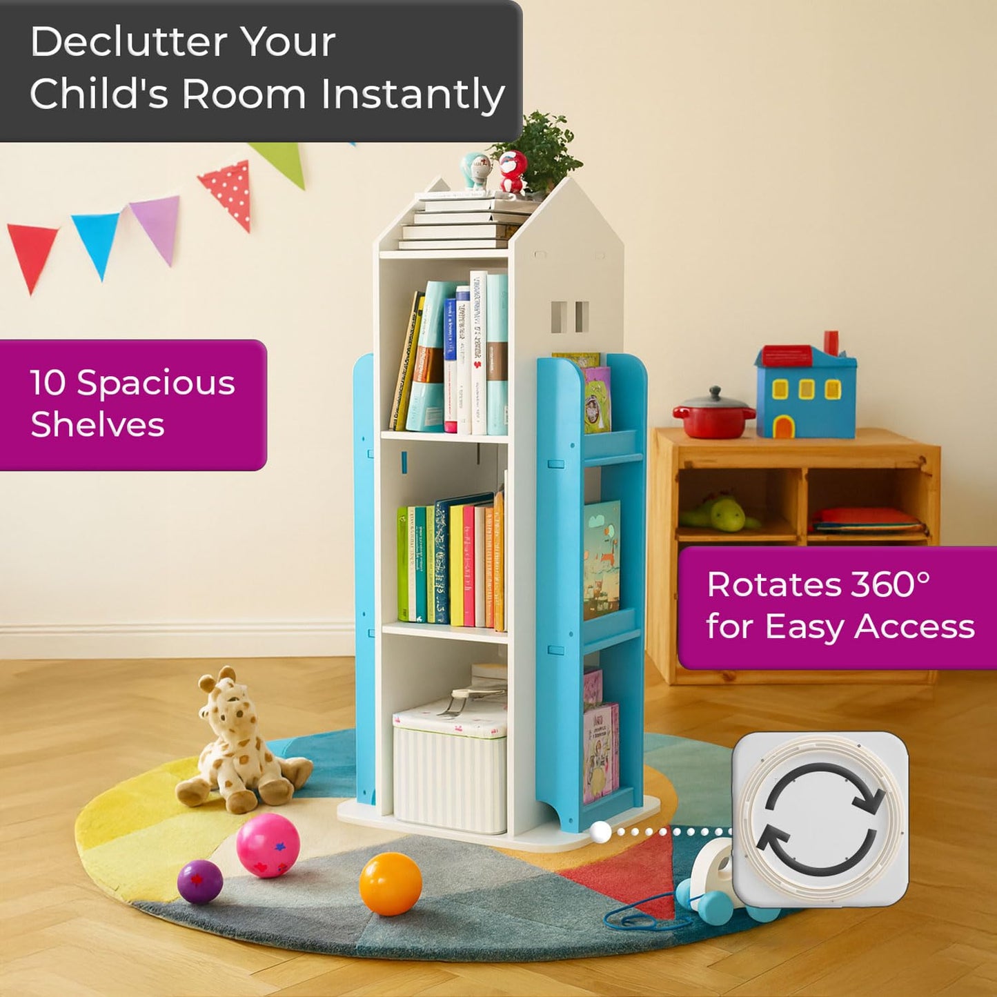 Neo House Shaped 360° Rotating Kids' Children's Freestanding Bookshelf Bookcase 10 Shelf Shelve Space‑Saving Design (White)