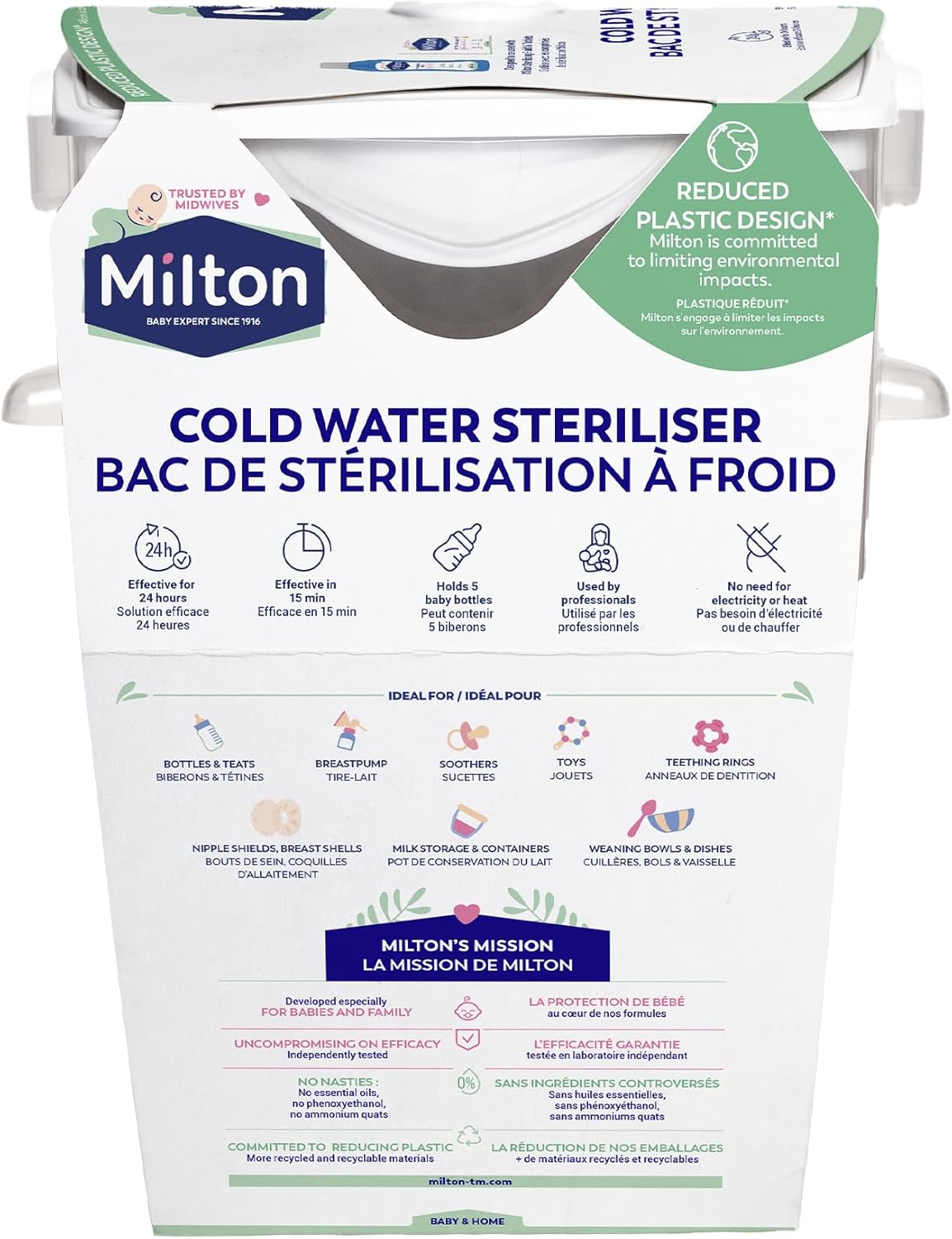Milton Cold Water Steriliser, Kills 99% of Germs, Sterilises in 15 Minutes, Fits up to 6 Standard Baby Bottles, Used by Healthcare Professionals, White