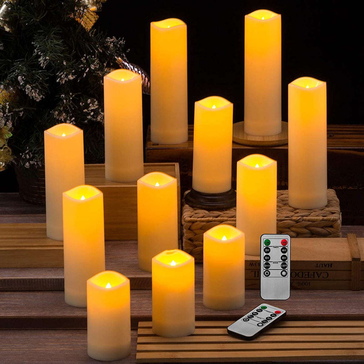 LIVEN Flickering Flameless Candles Battery Operated with Remote,Led Pillar Candles with Realistic Moving Wick Candles for Halloween,Christmas,Home Decor Pack of 12 (D2.2 xH 5" 6" 7")(White)