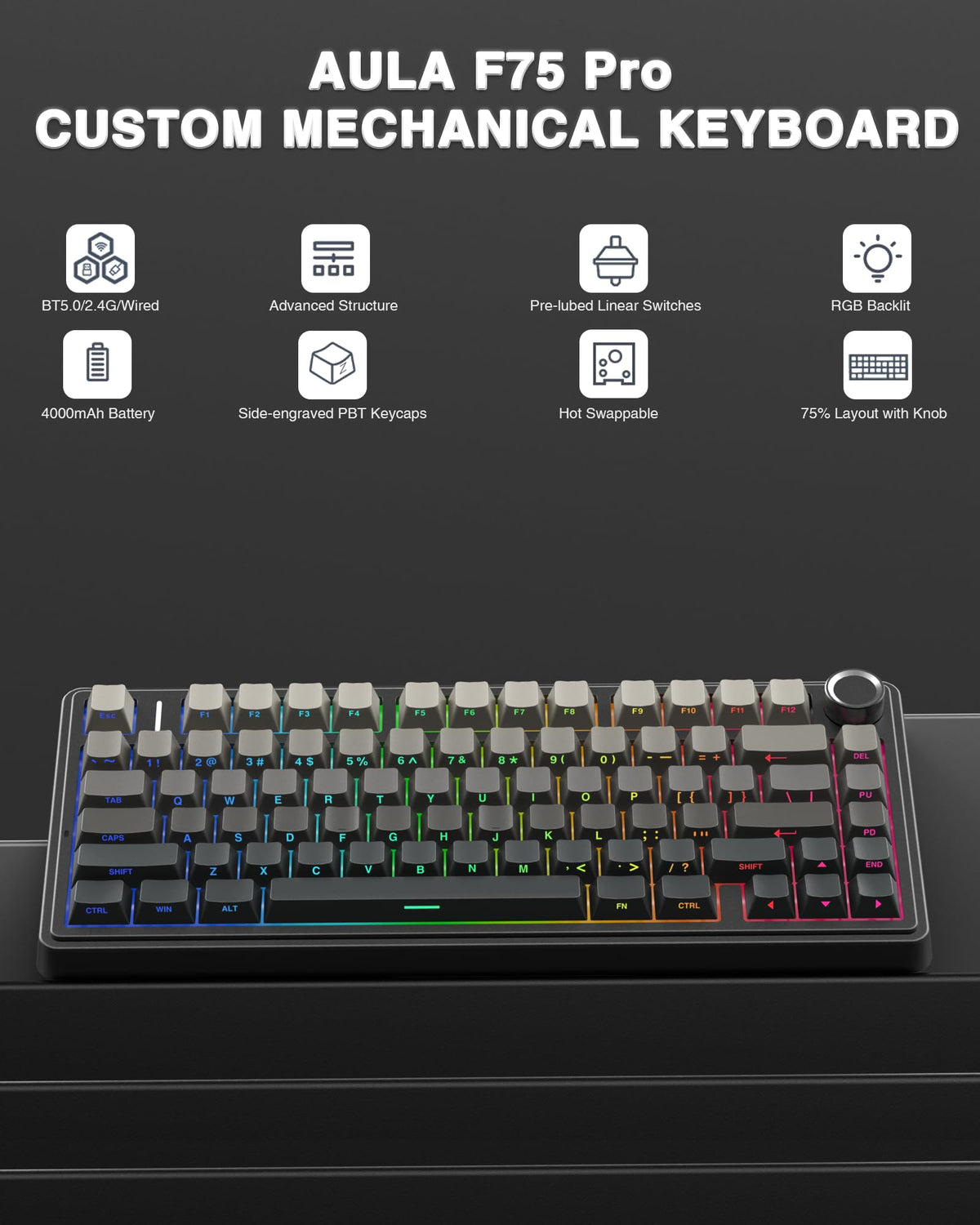 AULA F75 75% Wireless Mechanical Keyboard,2.4Ghz/Type-C/BT5.0 Gaming Keyboards,Advanced Structure,RGB Backlight,Hot Swappable Custom Keyboard for PC/Mac (Cool Black)