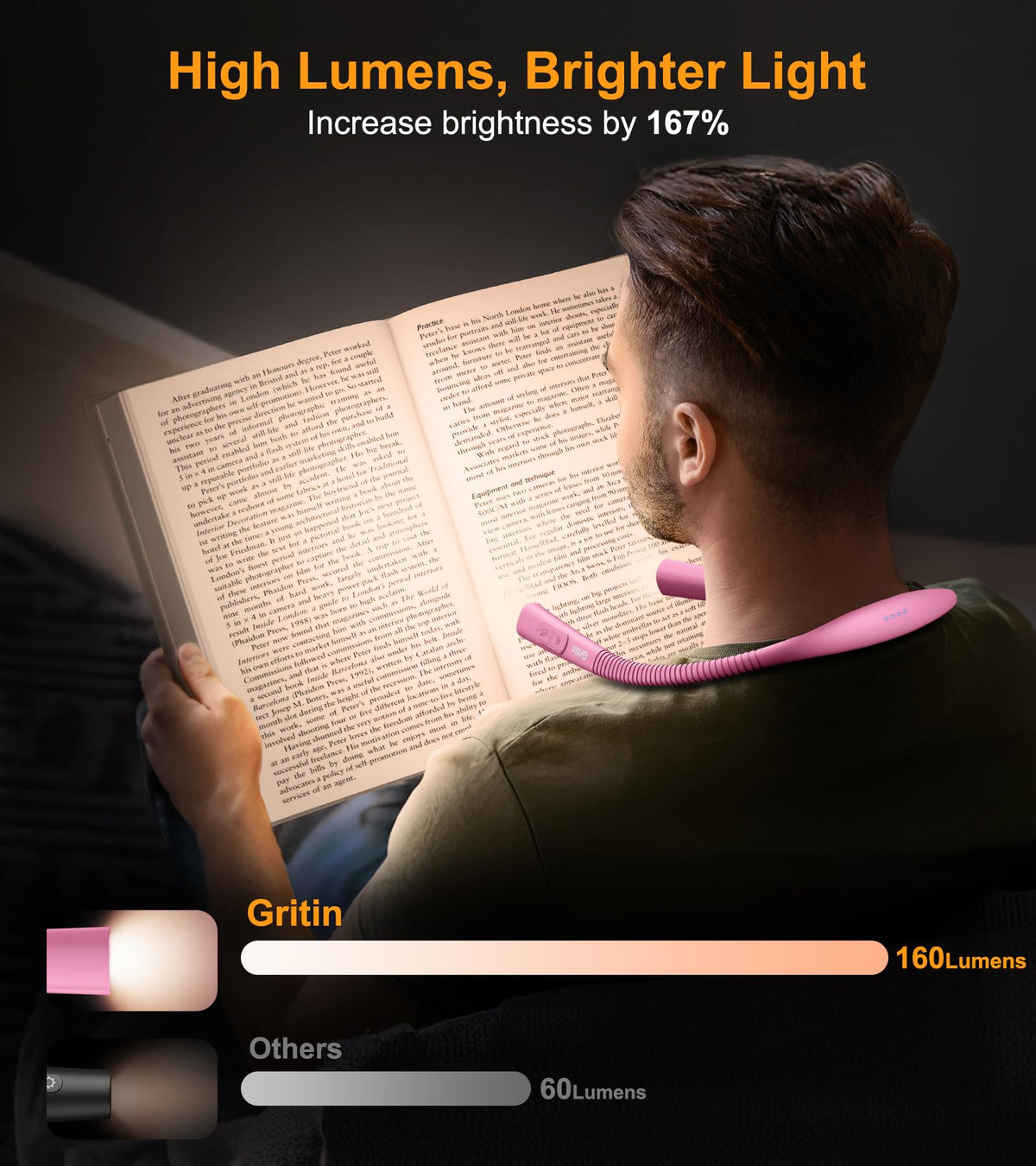 Gritin Book Light, Eye Caring 4-Color&5-Brightness Neck Light Reading Lamp