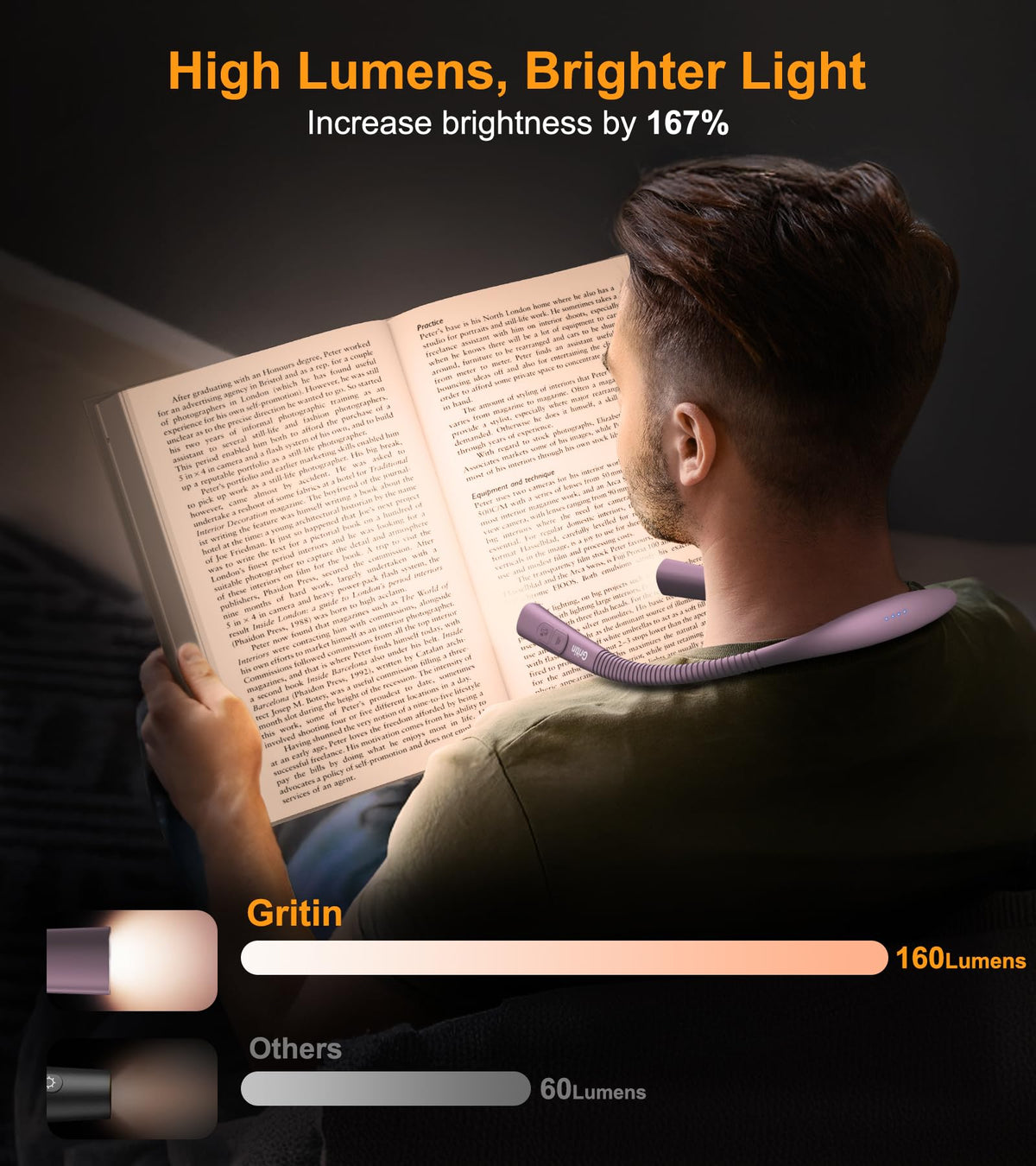 Gritin Book Light, Eye Caring 4-Color&5-Brightness Neck Light Reading Lamp