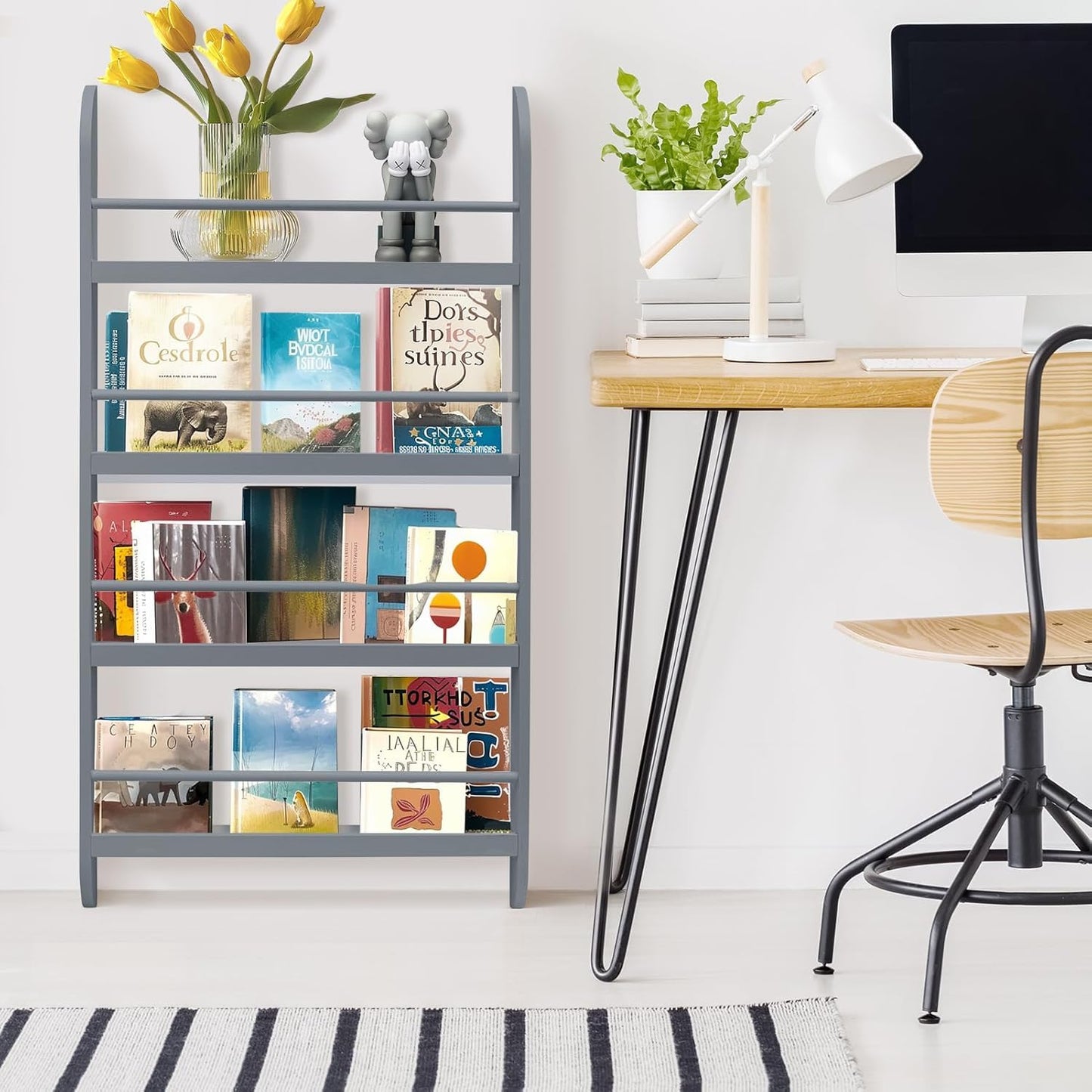 Kids Bookcase Modern Childrens Bookcase 4-Tier Book Shelf Display Rack Book Shelf Kids Room 10 CM Depth Suitable for Children's Children's Room School 116.5x60x 10CM White
