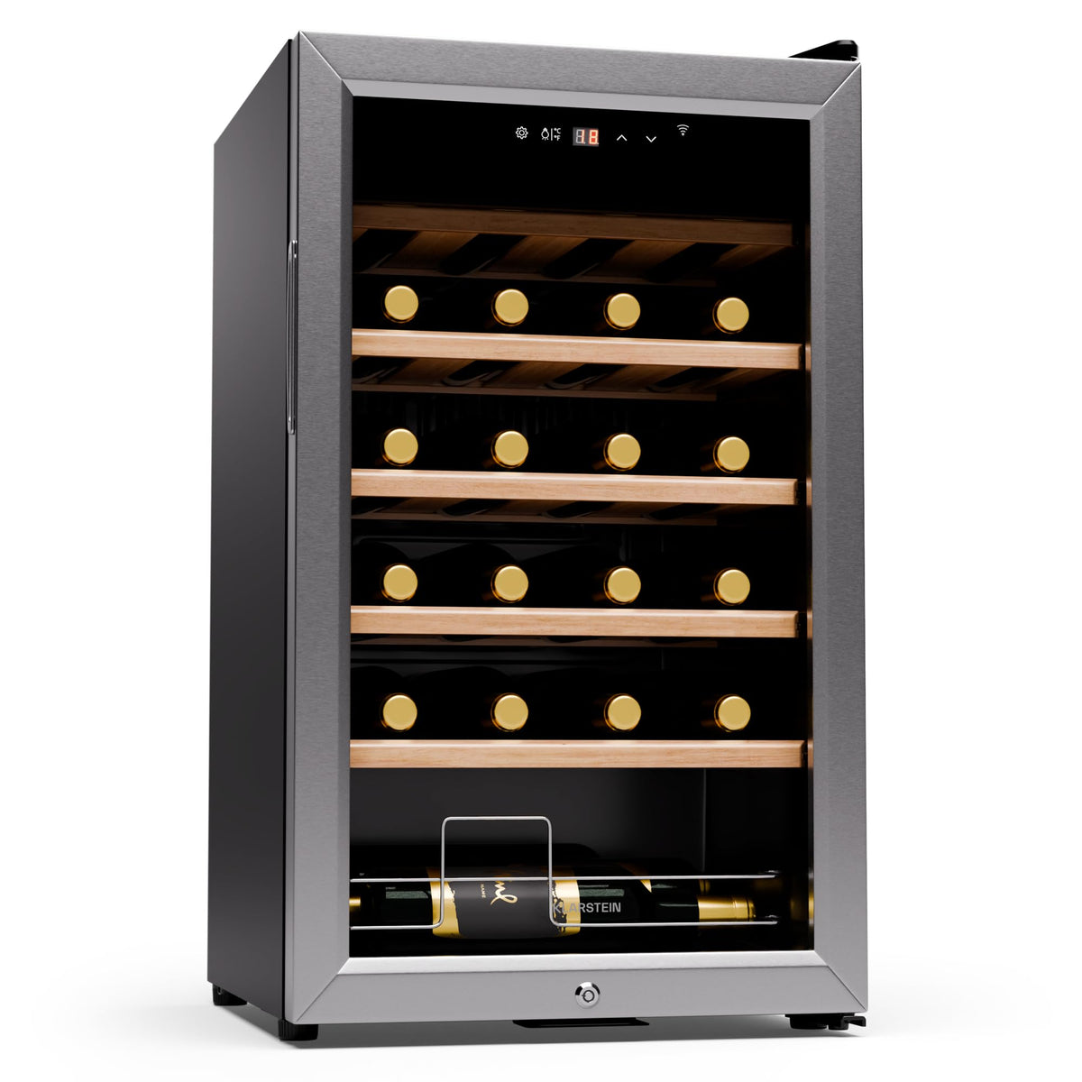 KLARSTEIN Shiraz Wine Cooler Black – 8 Bottles, 1 Zone | Freestanding Wine Fridge with Glass Door, Quiet, 5–18 °C, LED, Stainless Steel Frame