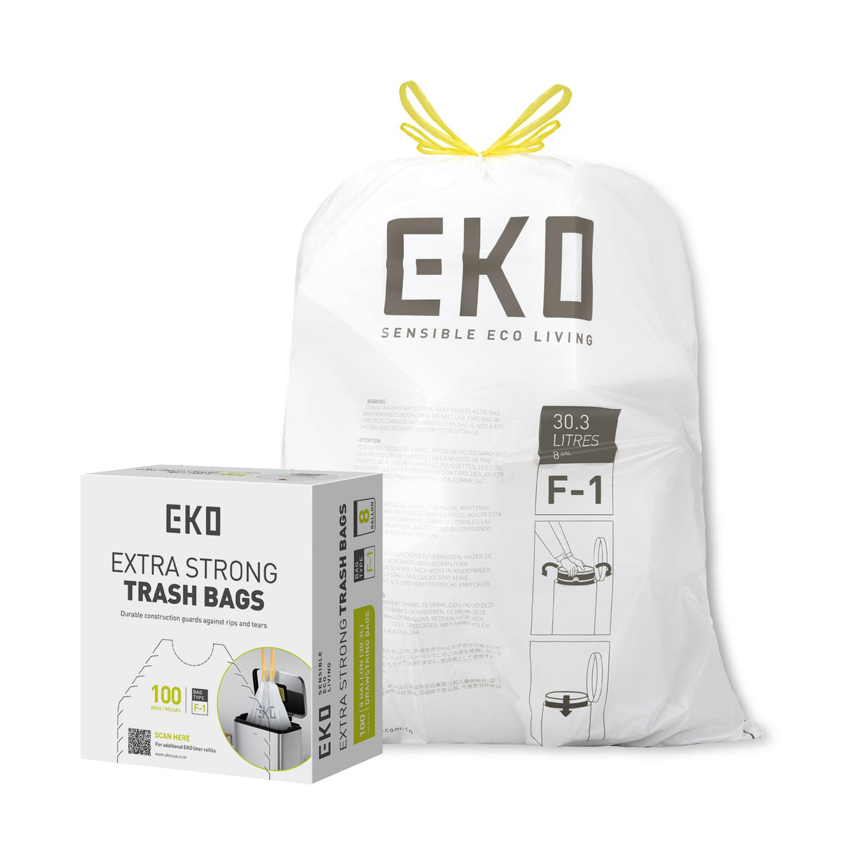 EKO Bin Bags, Kitchen Bin Liners, Drawstring, 40-60 Litre, 12 Count, Code F