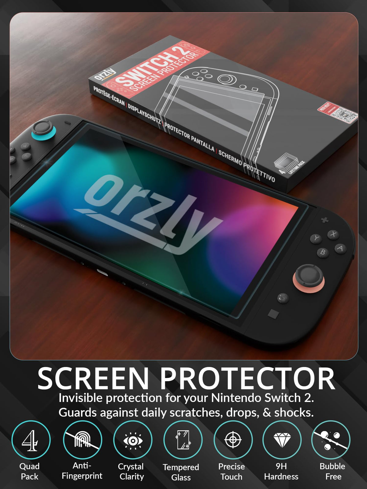 Orzly Glass Screen Protector for Nintendo Switch OLED 2024 Console Accessories (Pack of 4) - Tempered Glass Life time Edition