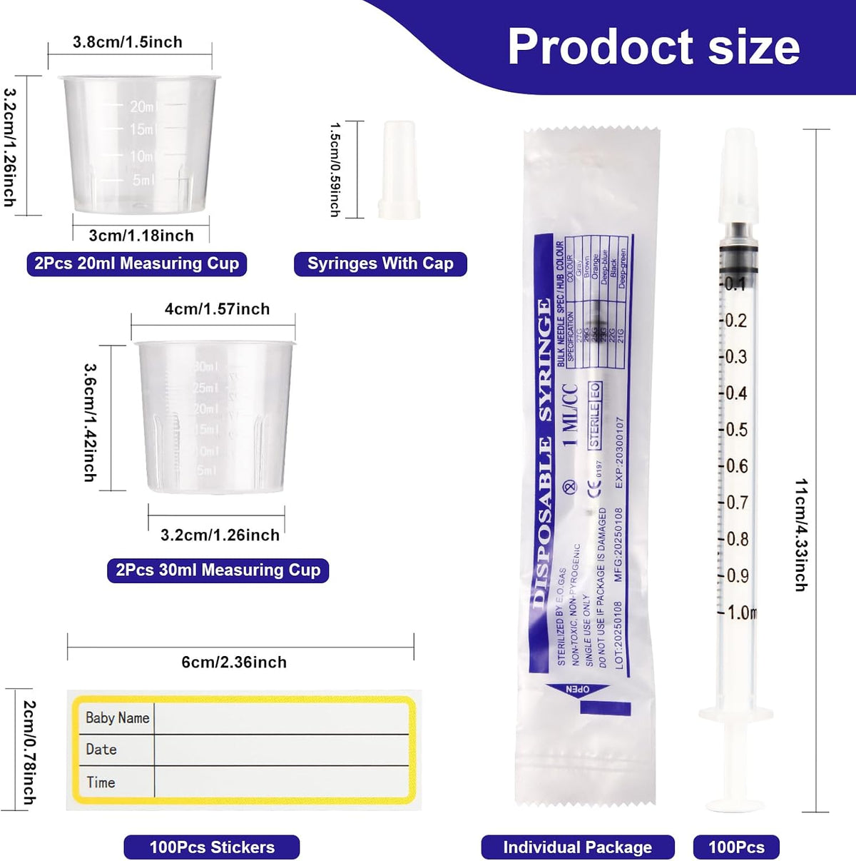 100Pcs1ml Colostrum Syringe Collection Kit No Needle with Cups&Stickers