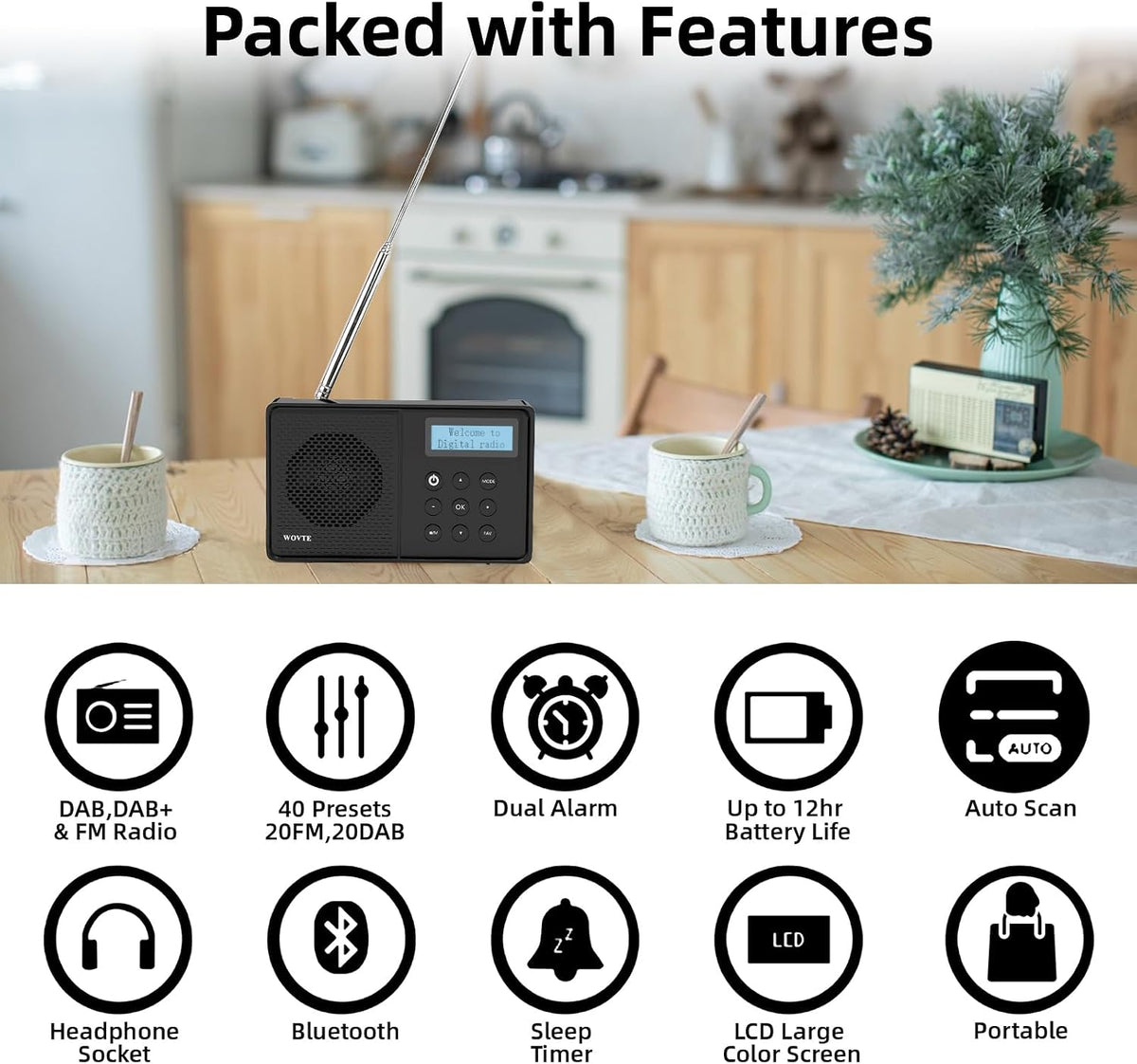 DAB Radio Portable, WOVTE DAB+ Digital Radio Rechargeable FM Radio