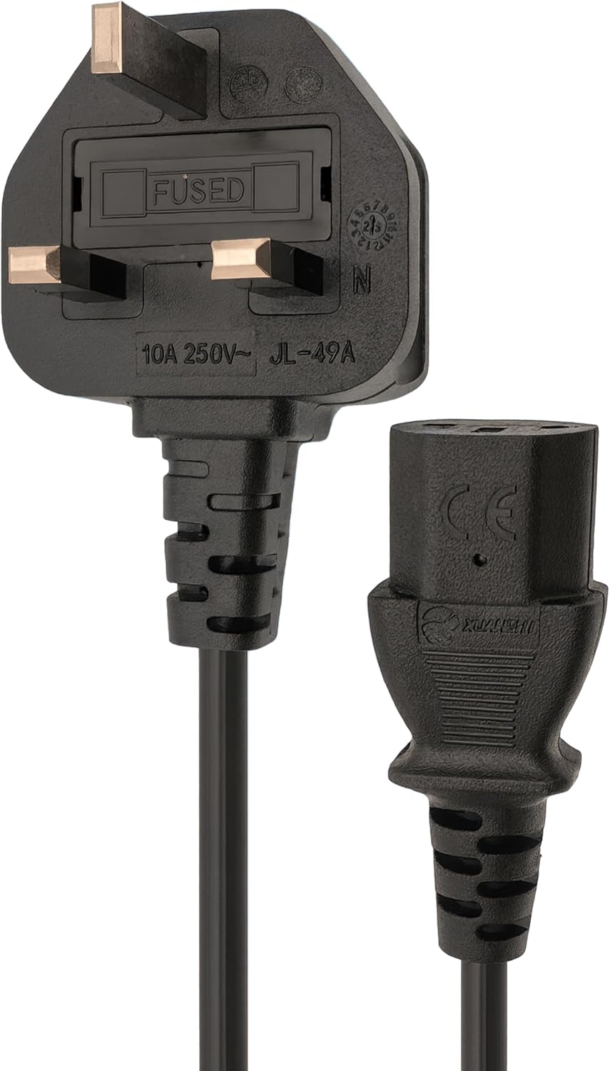 Double Dragon UK 3-Pin Plug to IEC C13 Power Cable – 1 Metre | 10A Fused BS1363 Plug | VDE Certified H05VV-F 3G 1.0mm² Copper Core | CE & BS Approved Black PVC Kettle Lead for PC, Monitor, Printer