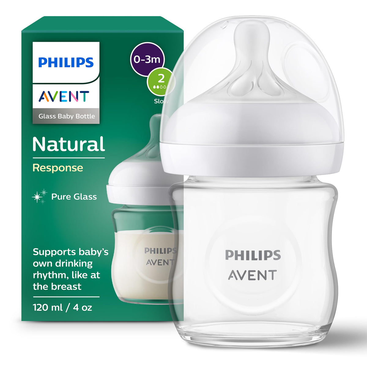 Philips Avent Natural Response Glass Baby Bottles 8oz/240 ml with Medium Flow Teats (Flow 3), 2 Pack, SCY933/02