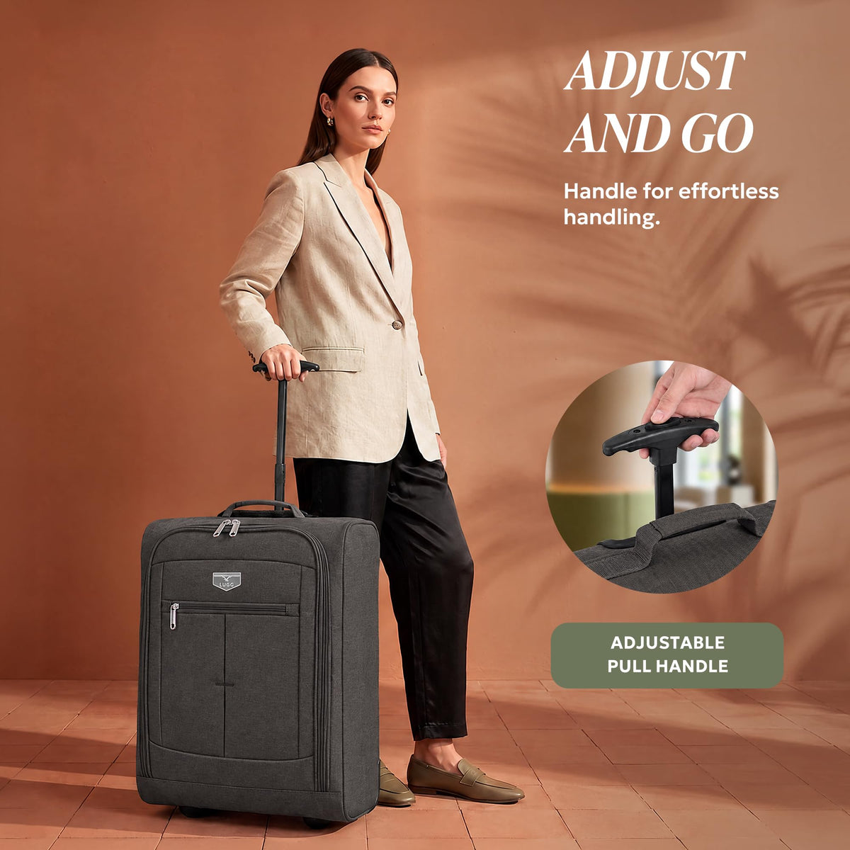 LUGG Lightweight Cabin Luggage, 600D Polyester, Solid Wheels, 45x36x20cm