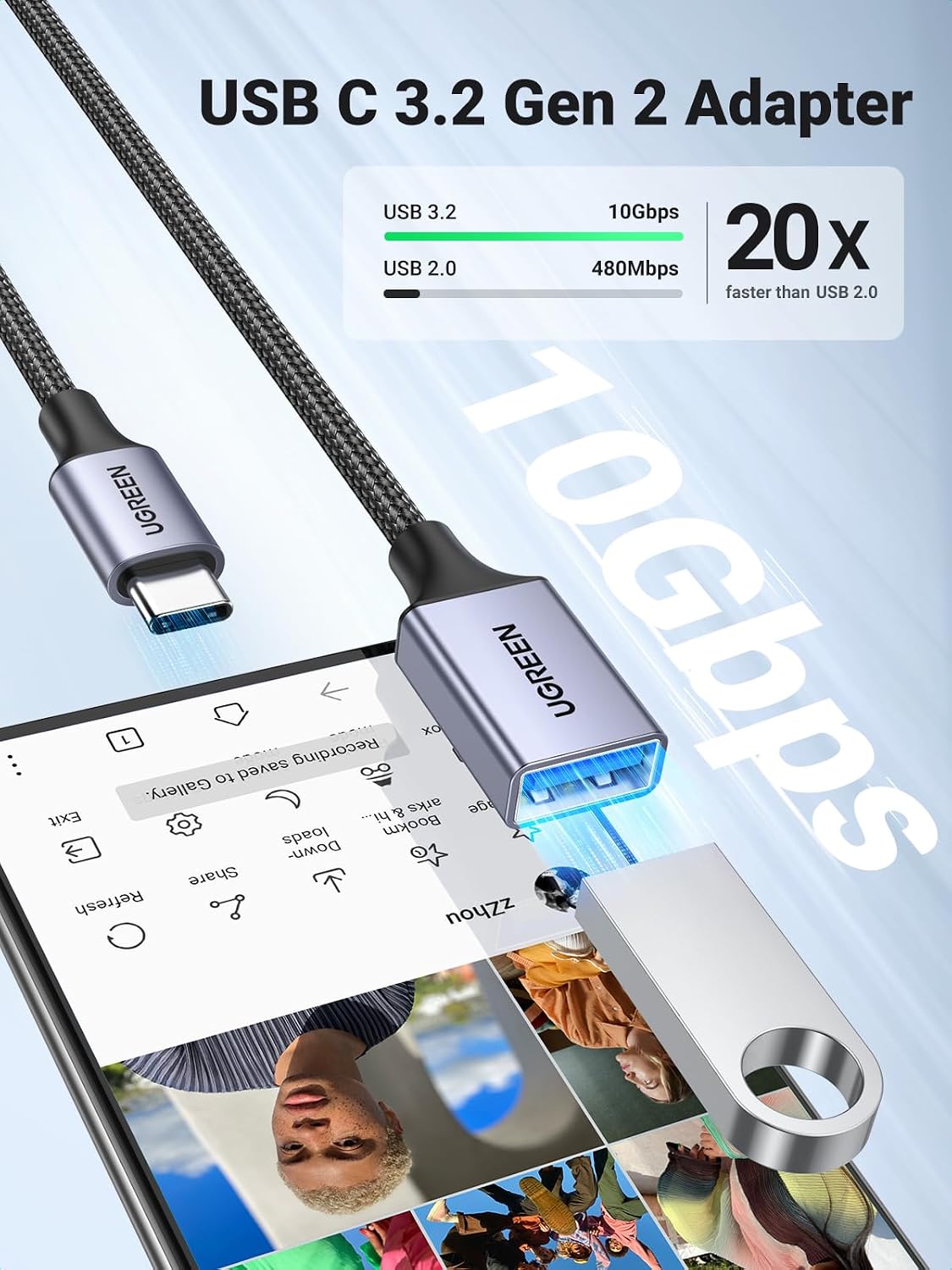 UGREEN 10Gbps USB C to USB Adaptor for iPhone, iPad, MacBook, Galaxy Grey