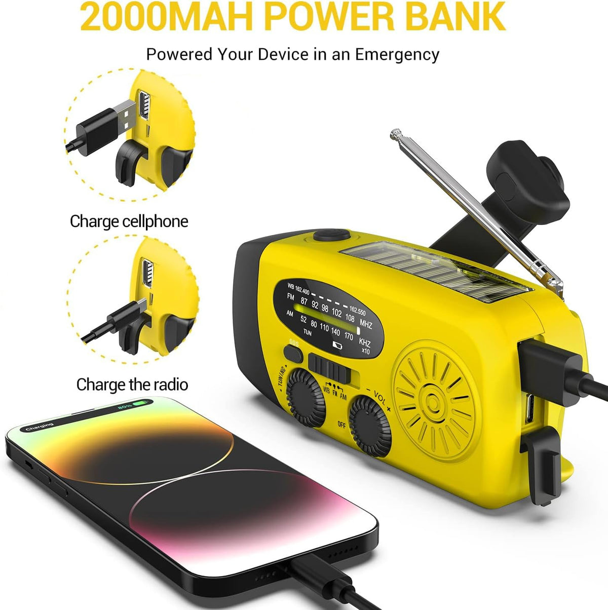SOLARBABY Wind Up Solar Radio, Emergency Hand Crank Self Powered AM/FM Survival Solar Weather Radio with LED Flashlight,SOS Alarm,2000mAh Emergency Power Bank for Smart Phone (M-Orange)