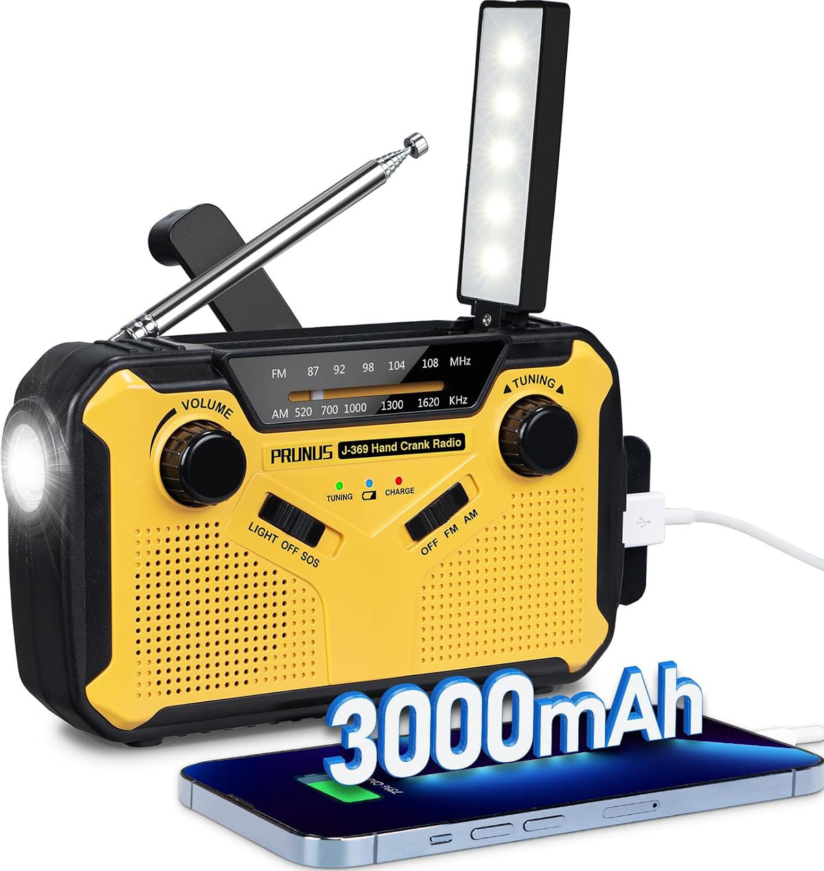 PRUNUS J-369 Wind Up Radio Solar, AM/FM Emergency Hand Crank Radio