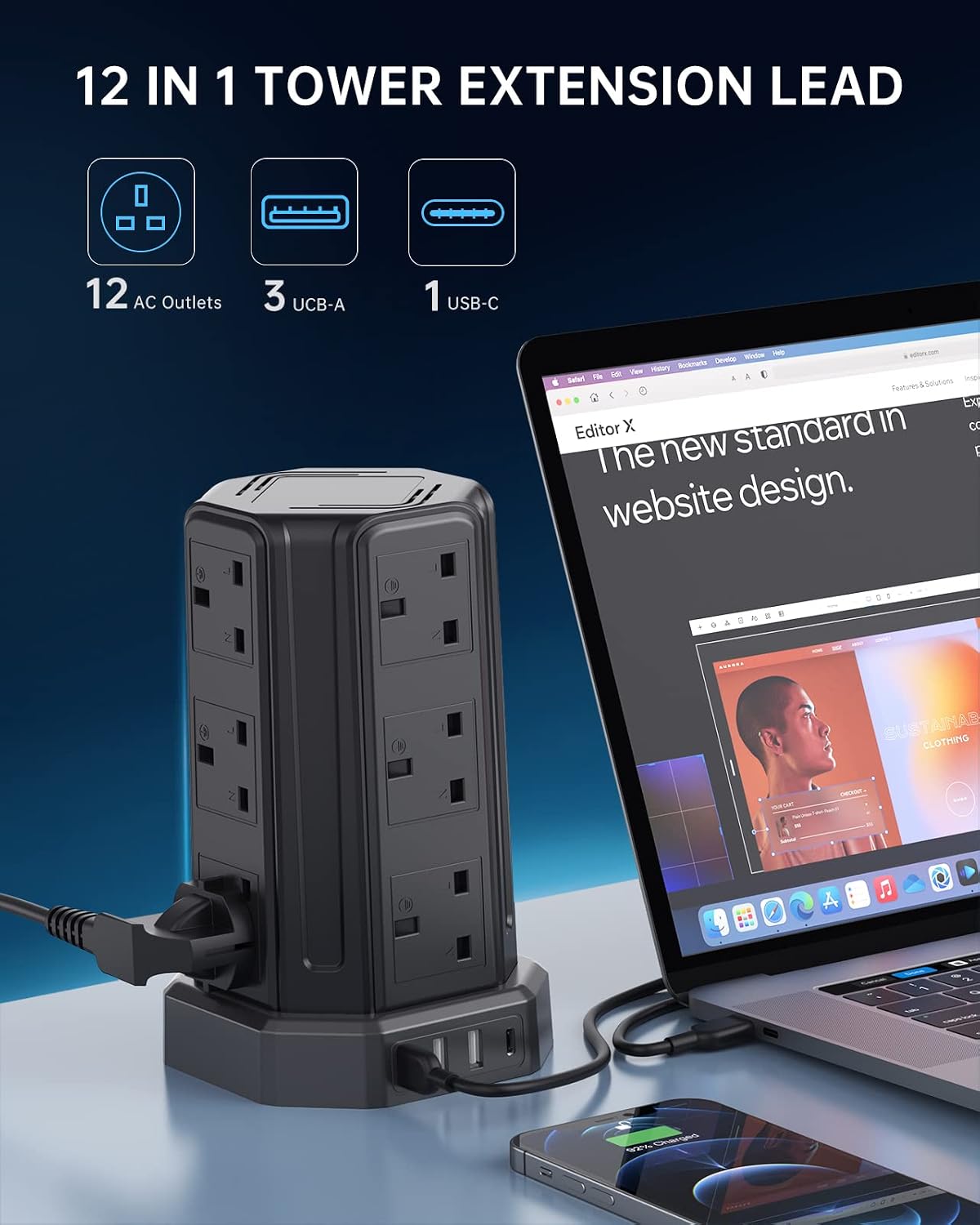 Tower Extension Lead 3M, Extension Cable with USB Ports
