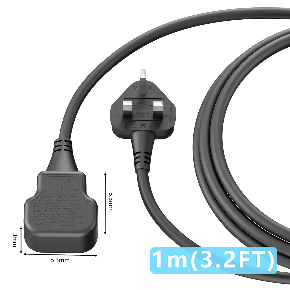LIPWEL Outdoor Extension Lead 15m Extra Long Cable UK 13A Fused Plug Extension Socket Black 1 Way Socket Outside Using for Garden