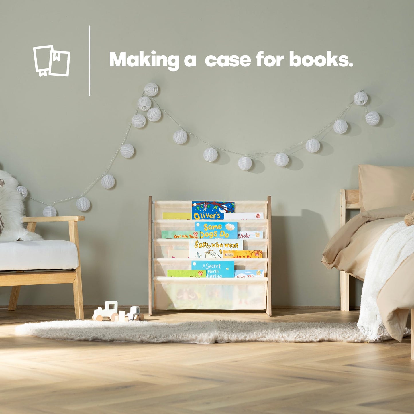 LIVIVO Colorful Kids Bookshelf - 4 Tier Children's Bookcase, Magazine and Book Storage Rack, Wooden Sling Book Organizer, Book Shelf for Kids Room, Bedroom, Nursery, Playroom (Natural)