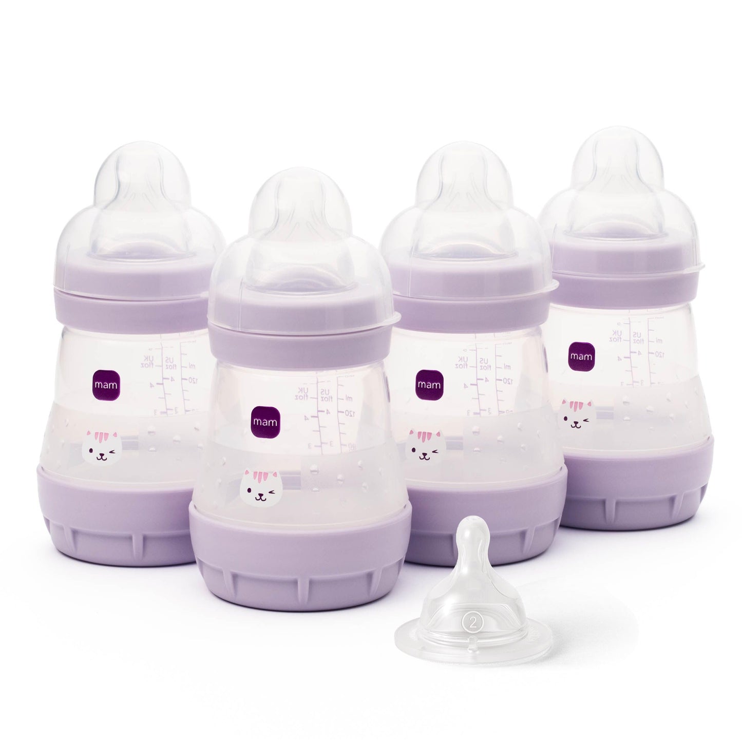 MAM Easy Start Anti-Colic Baby Bottles | 4 Pack (4X 160ml) | Self-Sterilising Baby Milk Bottle | Slow Flow MAM Teats Size 1 + 1x Medium Flow Teat Size 2 | Linen (Various Designs)