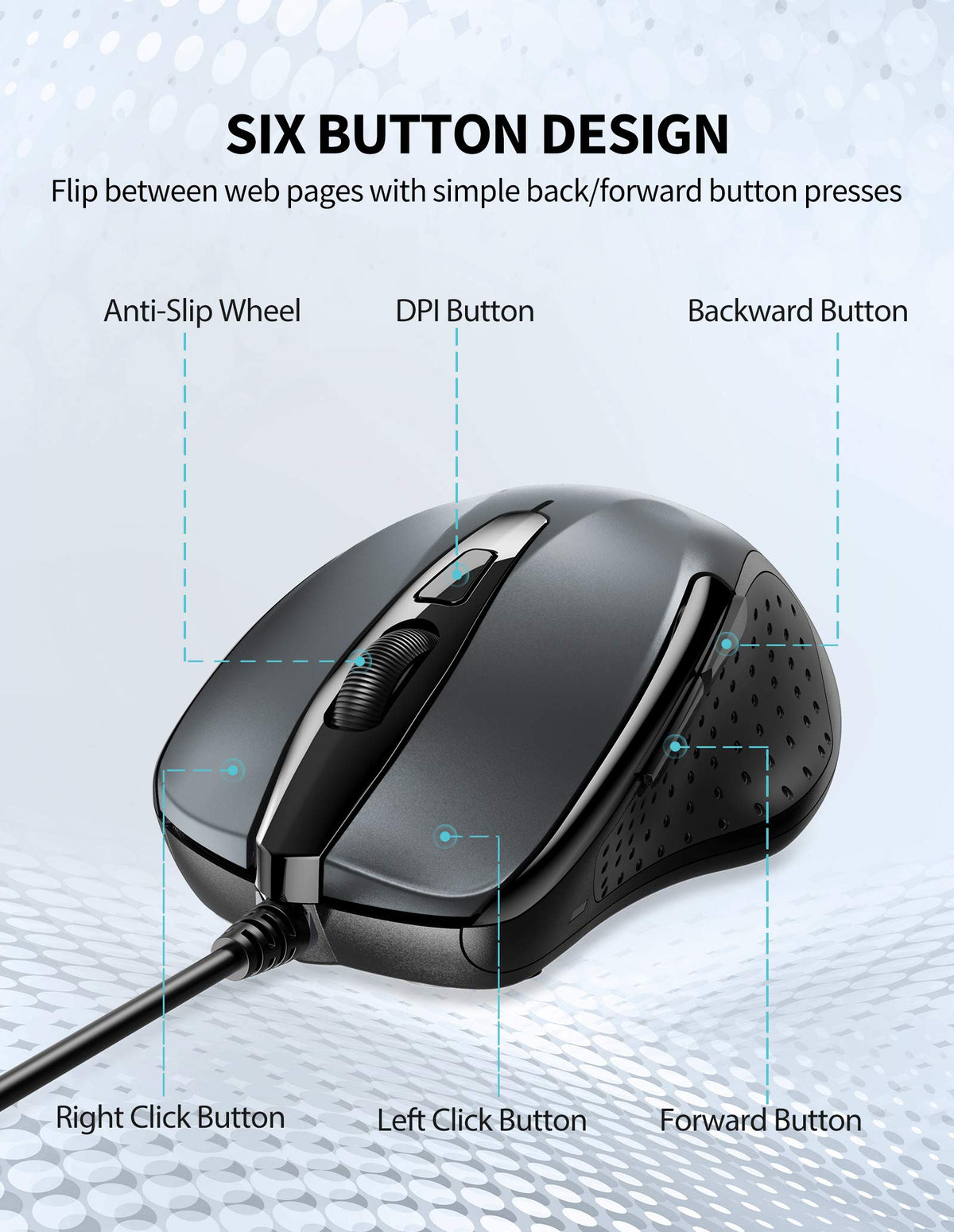 TECKNET USB Wired Mouse, 6400 DPI Mice 4 Adjustable DPI with 6-Button Corded, Optical Computer Mouse with Ergonomic Design for Laptop, Chromebook, PC, Desktop, Mac, Notebook