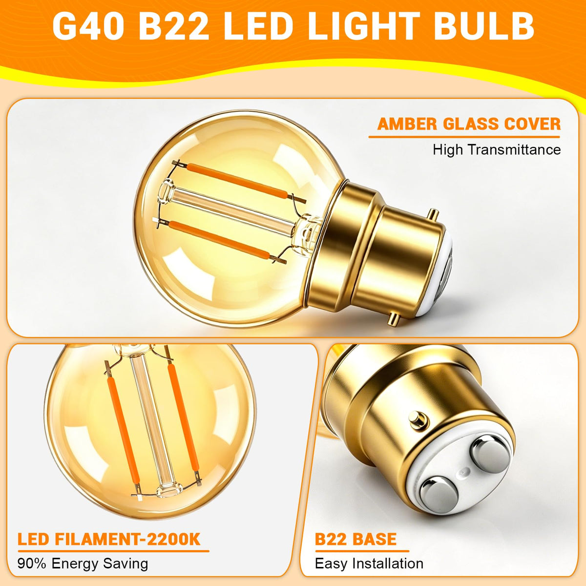 Caldarax 0.5W E14 LED Vintage Night Light Bulb, Mini C7 LED Filament Candle Bulbs Amber Warm White 2200K E14 Orange SES Small Edison Screw Salt Lamp Bulbs, 5W Equivalent, Non Dimmable, 2 Pack