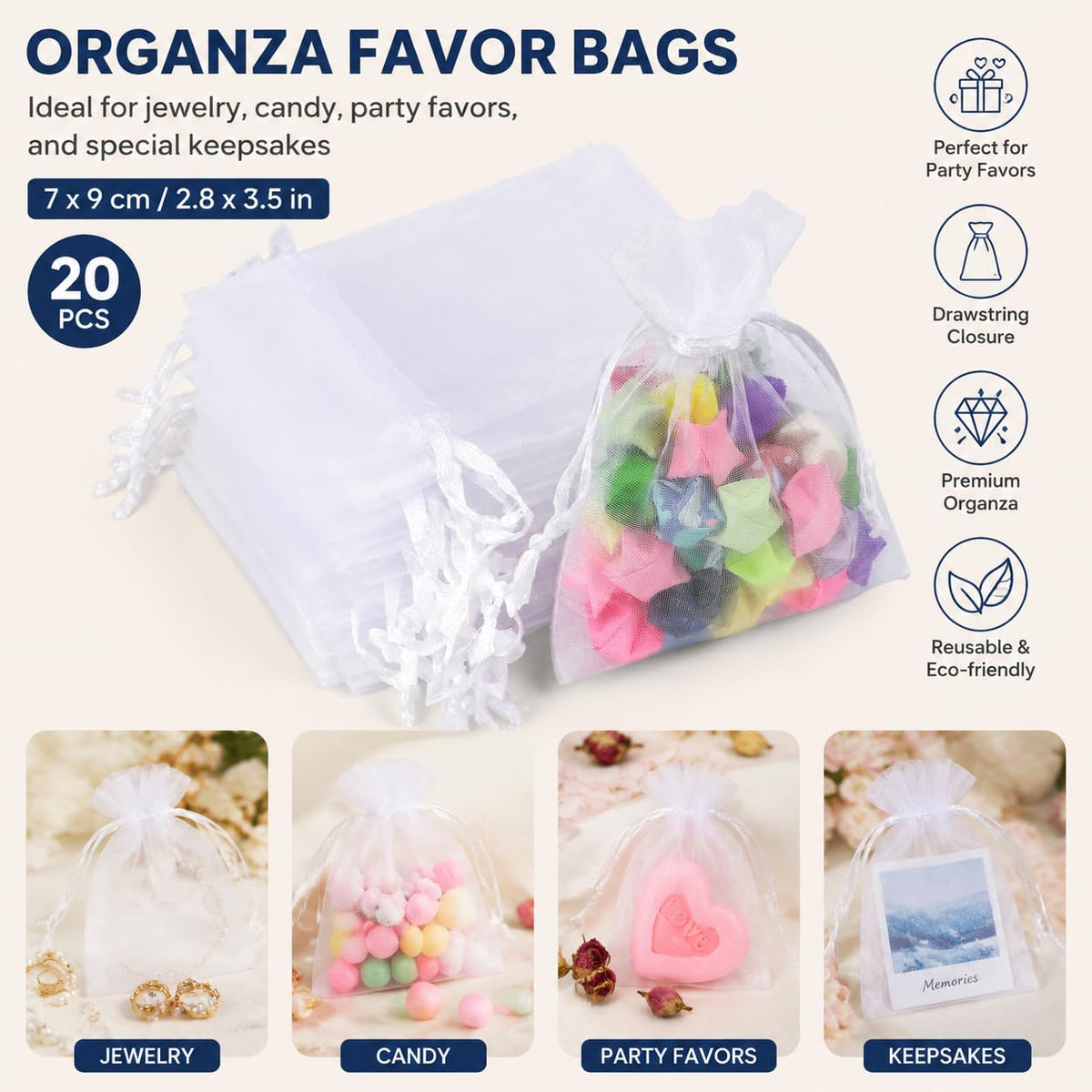 Lafefe 20Pcs Organza Gift Pouches, 7x9CM Clear Mesh Drawstring Pouches, Organza Gift Bags for Wedding Favours, Party, Festival, Candy and Game Favour Bags - Pink