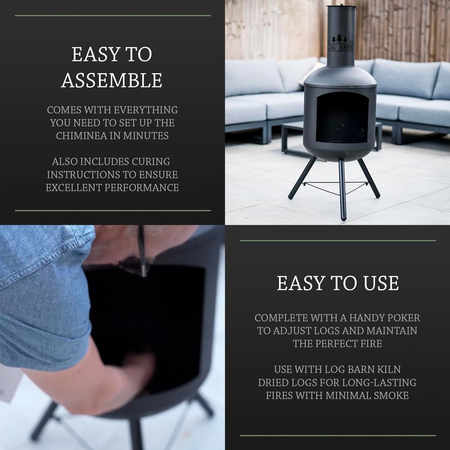 Log Barn Fire Chiminea for Garden (43 x 43 x 118 cm). Black Steel Log Burner Outdoor with Poker. Durable, Easy to Assemble, Lightweight Wood Burner Outdoor - Genuine Log Barn Garden Chiminea