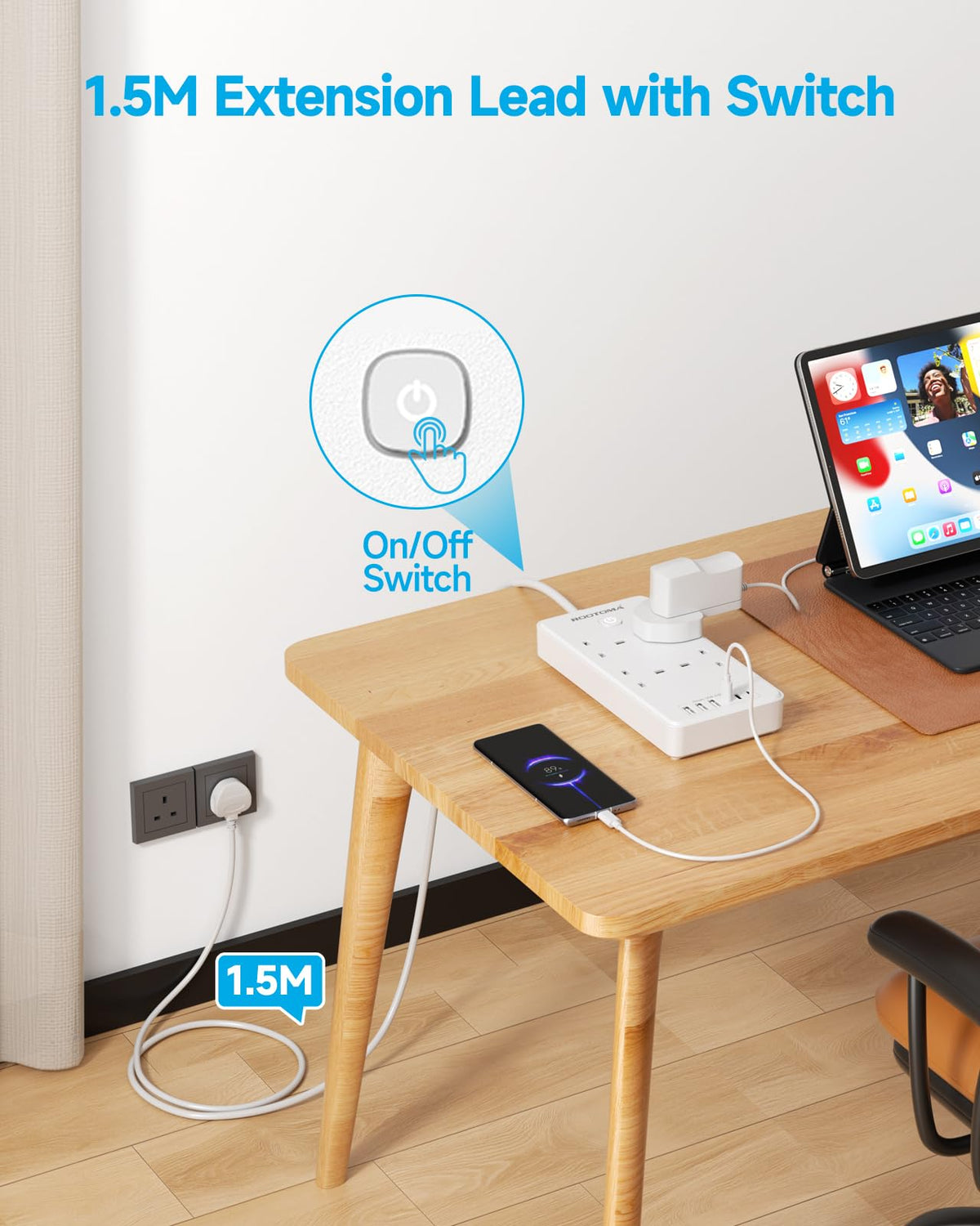 Extension Lead with 6 USB Slots (3 USB C), 4 Way Surge Protected, 3M