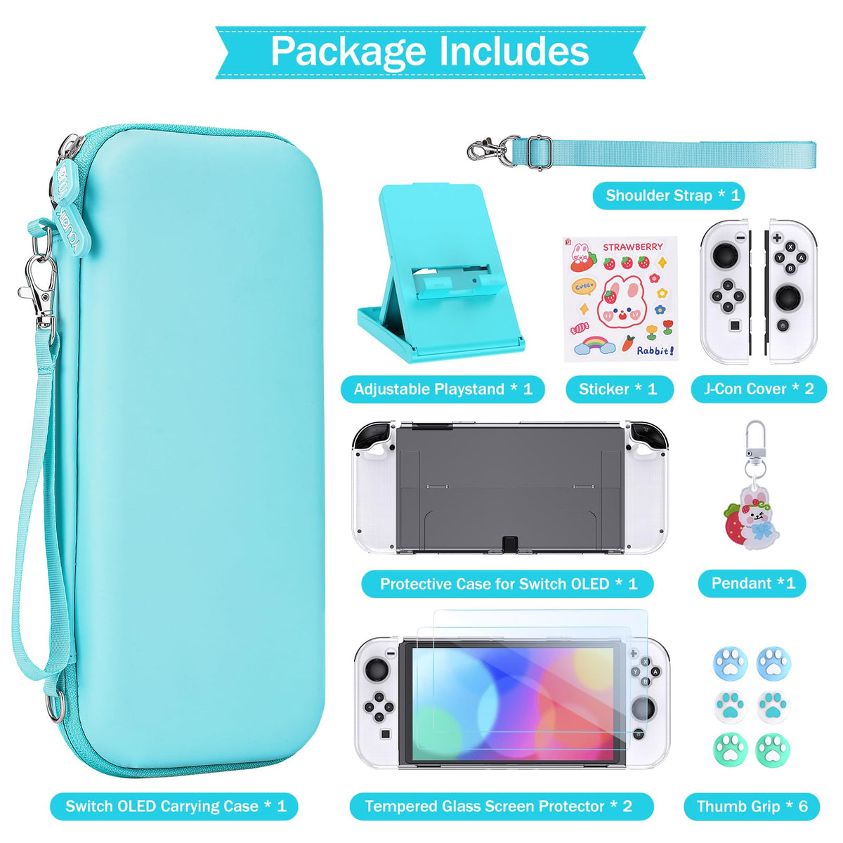 Younik Switch Accessories Bundle, 17 in 1 Switch Accessories Kit for Girls Include Switch Carrying Case with 9 Game Card Slots, Adjustable Stand, Protective Case for Switch Console & J-Con (Blue)