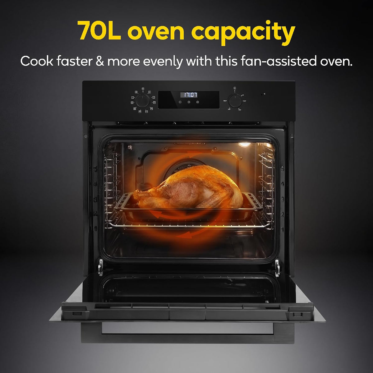 Russell Hobbs Built-in Multifunctional Electric Fan-Assisted Oven 70L in Black with 10 Functions, Double-Glazed Door, A Energy Rating, Grill Function, LED Clock & Timer, Easy-Clean Interior, RHEO7011B