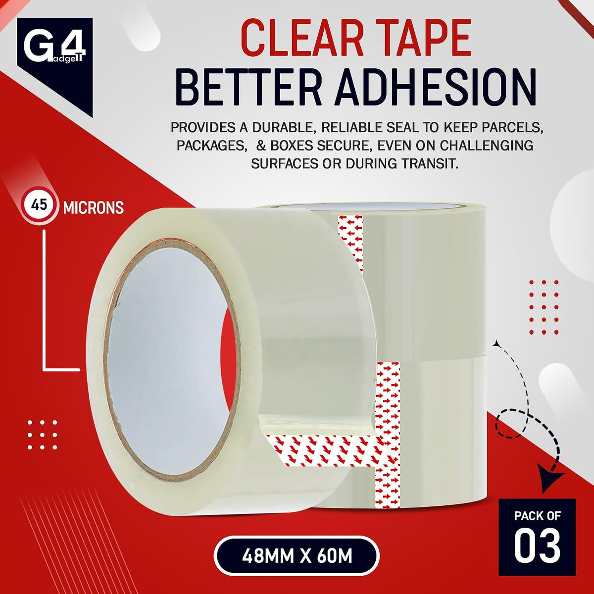G4GADGET Pack of 3 Clear Packing Tape - Heavy Duty Transparent Tape 48mm x 66m - Ideal for Moving, Packing Boxes, and Secure Packaging