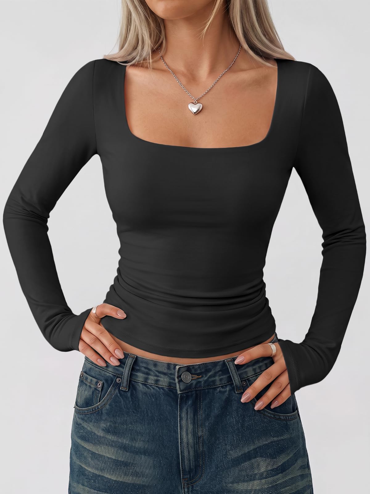 LILLUSORY Long Sleeve Tops Women UK Square Neck Double Lined T Shirts