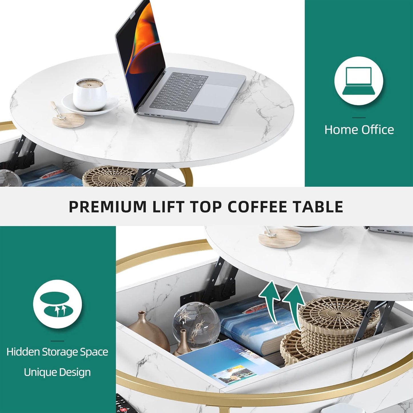 YITAHOME Coffee Table with Lift Top, lift up Coffee Table Round with Hidden Storage Compartment, 60x60x47cm