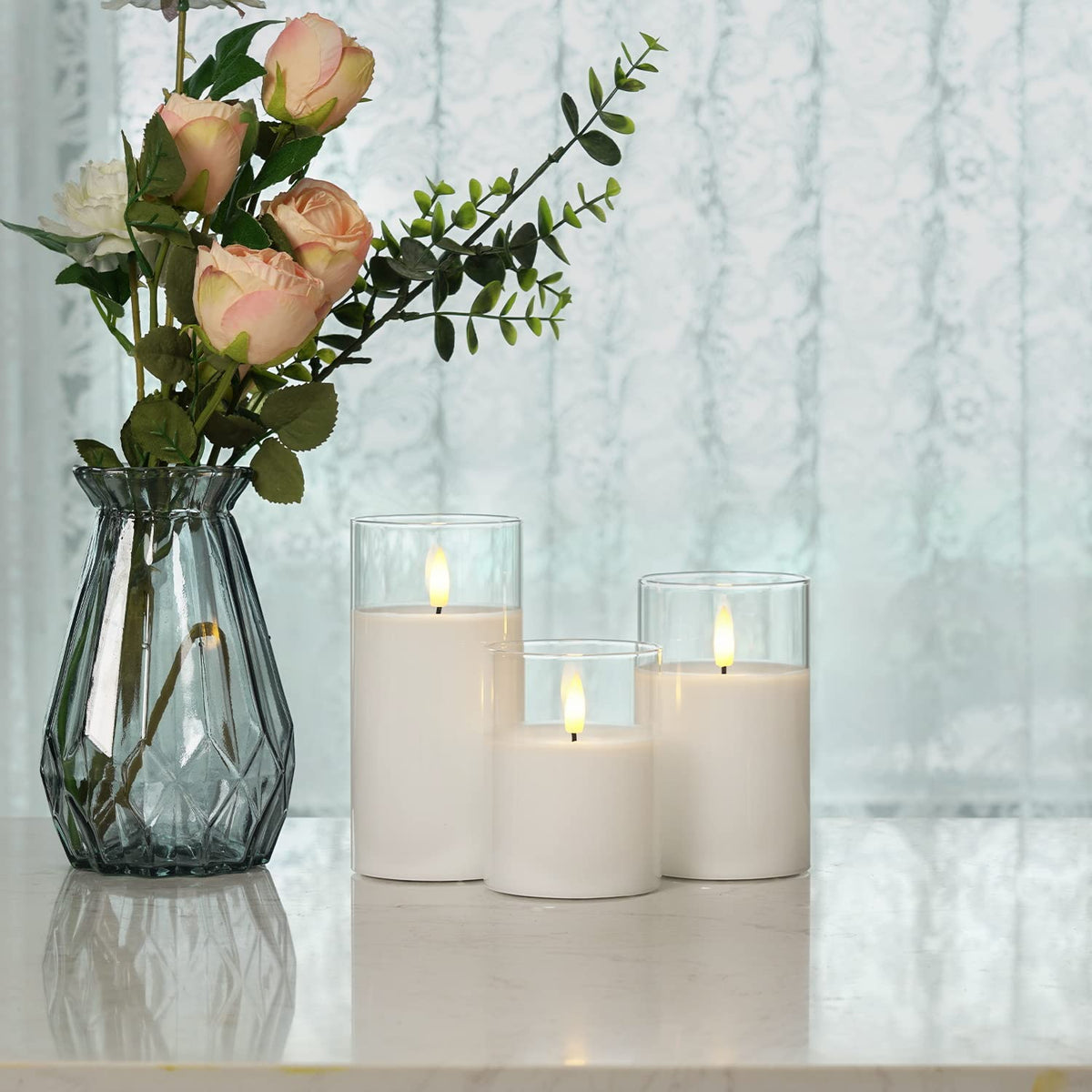Homemory Real Wax LED Candles Flickering, Clear Glass Shell, Gold, Set of 3