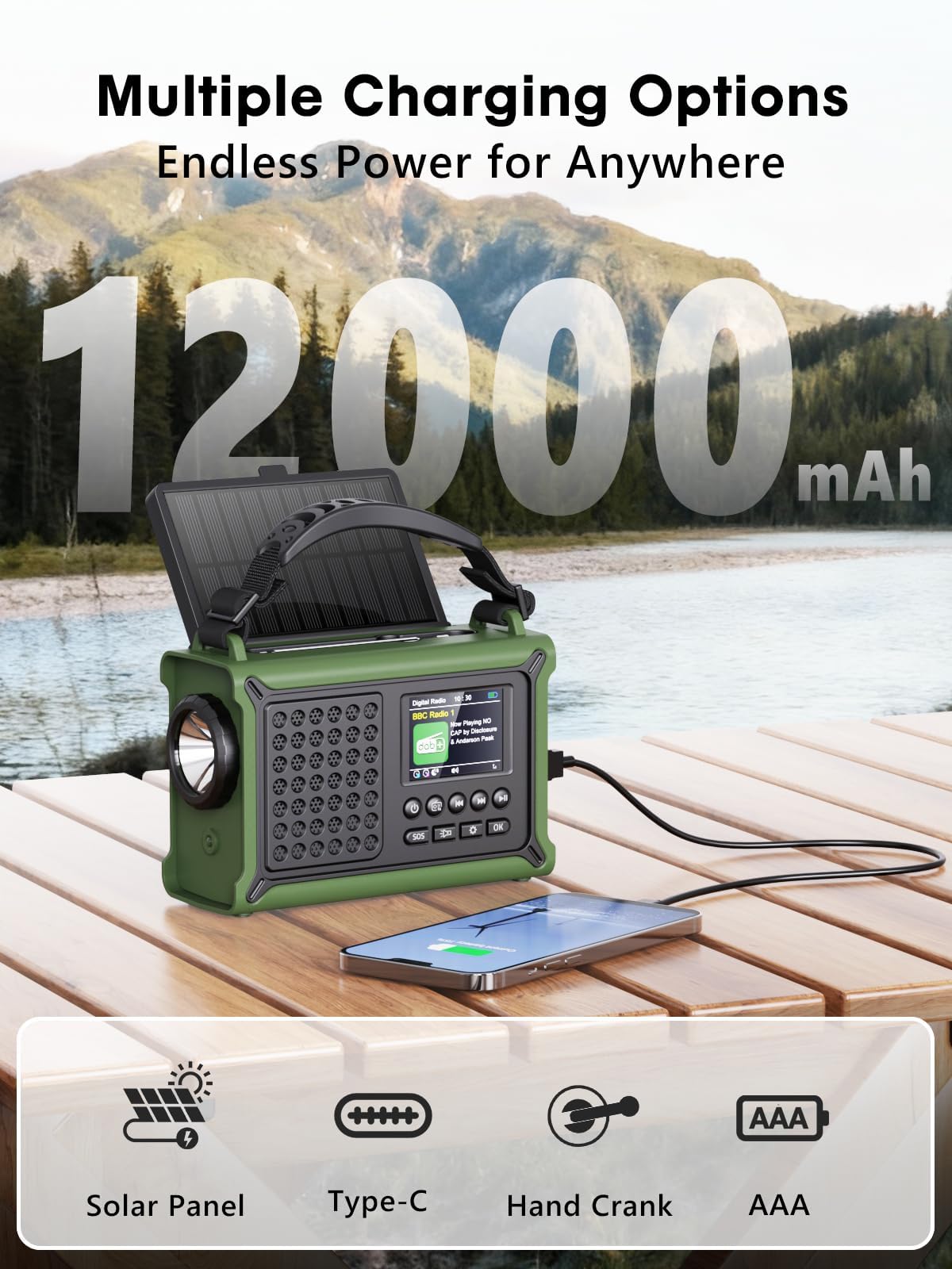 ROCAM DAB Wind Up Radio Solar Battery Torch 12000mAh Rechargeable Battery