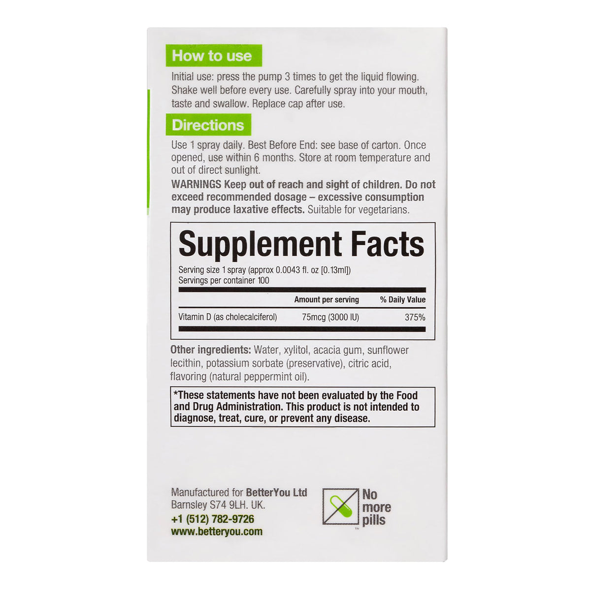 Vitamin D3 4000 IU Oral Spray, High Strength Vitamin D Supplement, 3-Month Supply, Sugar-Free Peppermint Flavour, Made in the UK | BetterYou