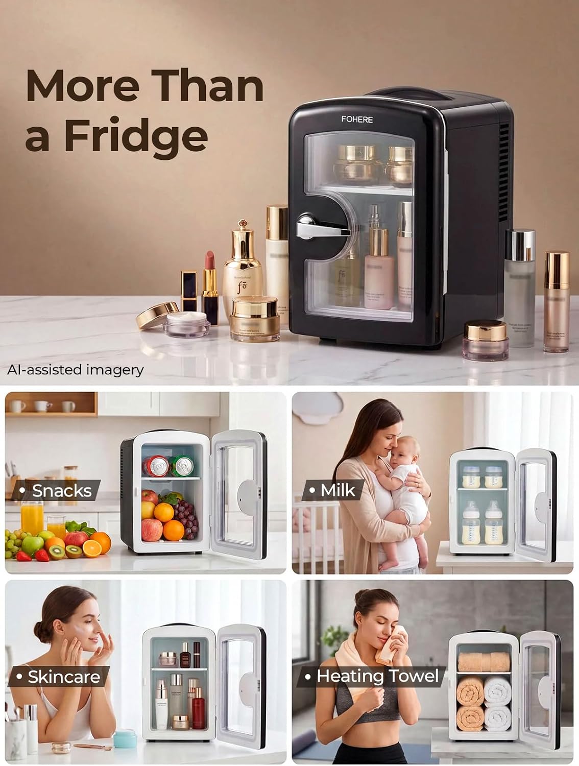 FOHERE Mini Fridge 4L, Portable 220V AC/12V DC Cooler & Warmer, Black