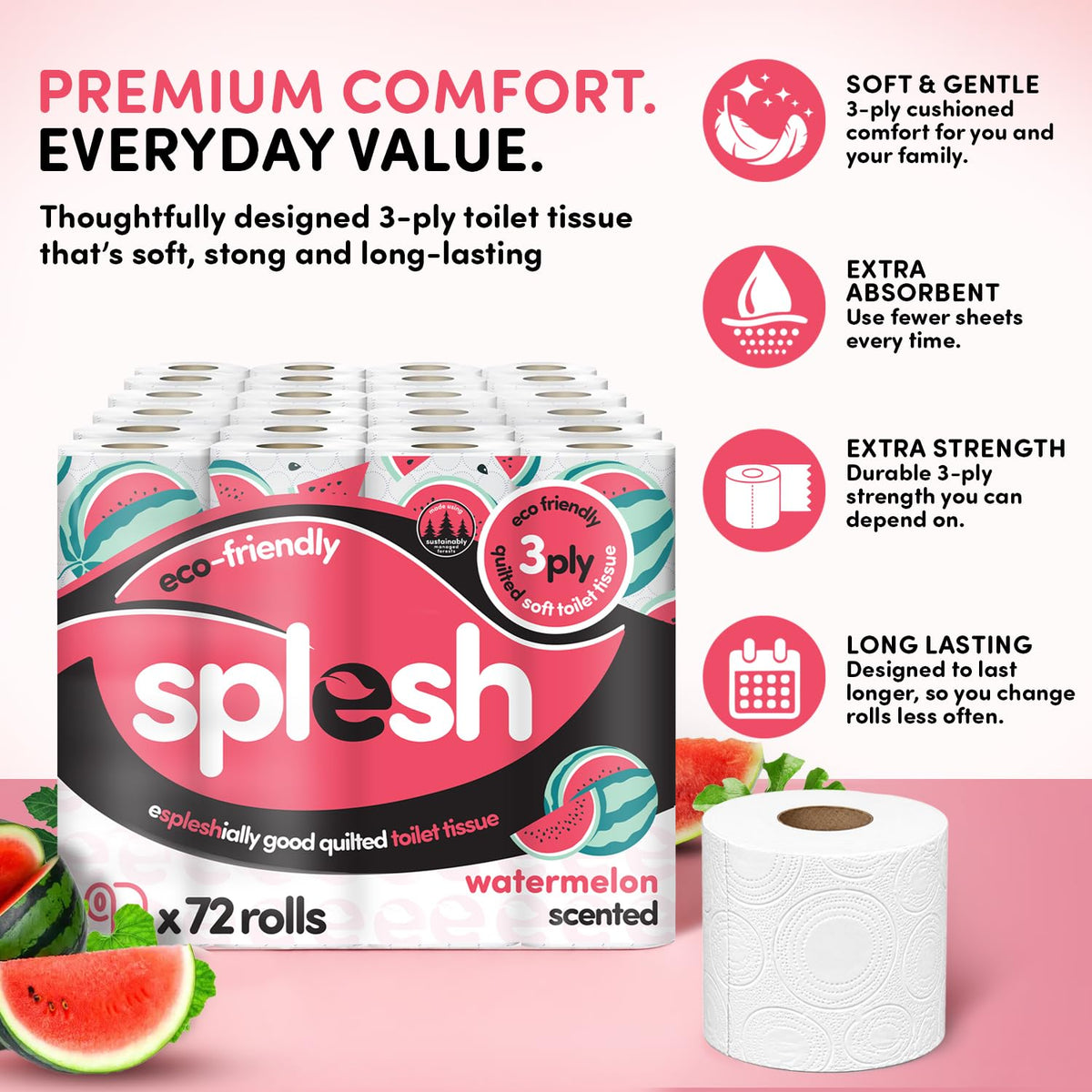 Splesh by Cusheen Toilet Roll 72 Rolls - Aloe Vera Scent Bulk Family Pack | Soft 3 Ply Quilted Bathroom Tissue Loo Rolls | Eco-Friendly, Sustainable Toilet Paper